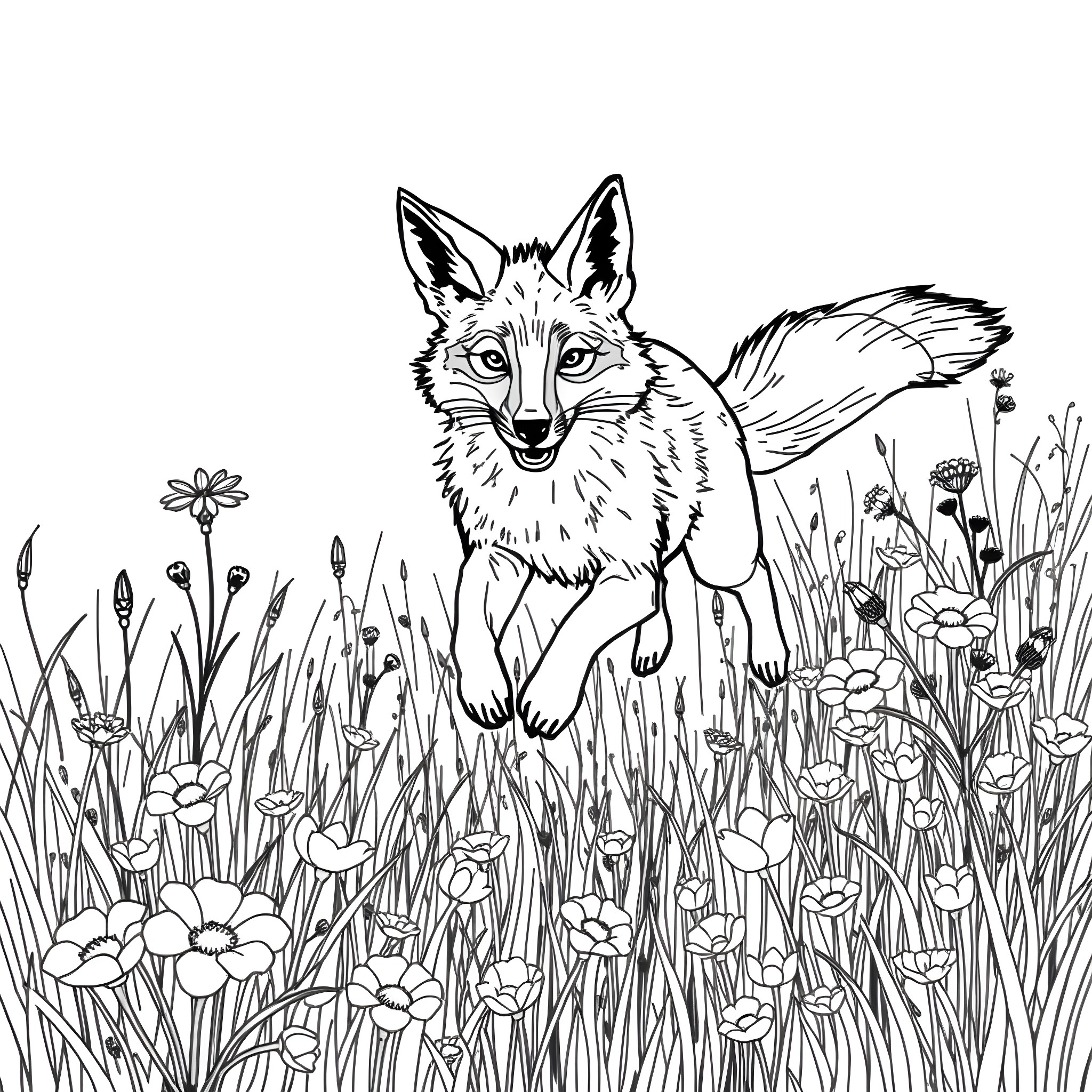 Coyote exploring the floral field Coloring Page (free black-and-white line drawing printable PDF for all, from beginners to advanced learners, including children, teens, adults, and seniors)