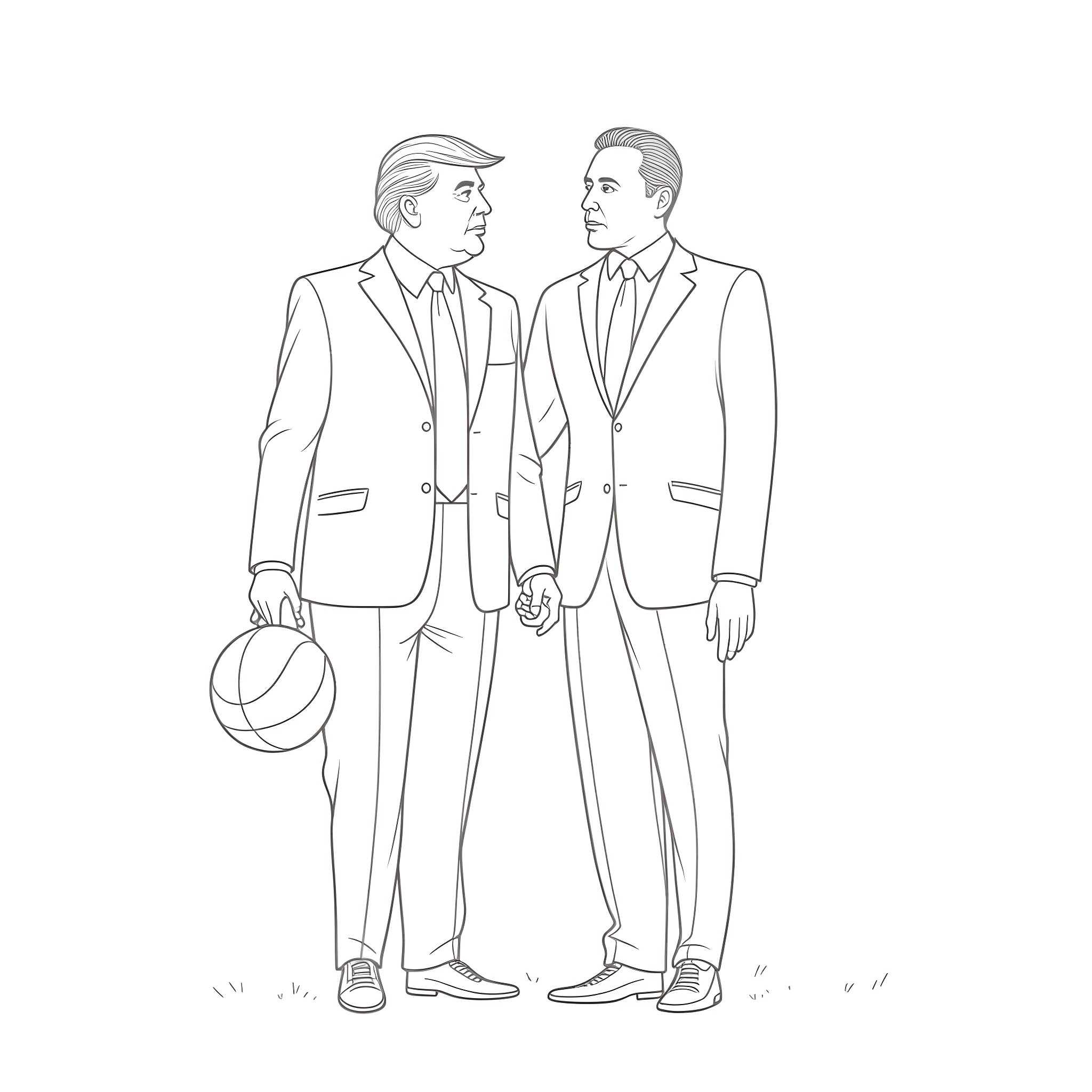 Donald Trump and Barack Obama in formal suits Coloring Page (free black-and-white line drawing printable PDF for all, from beginners to advanced learners, including children, teens, adults, and seniors)