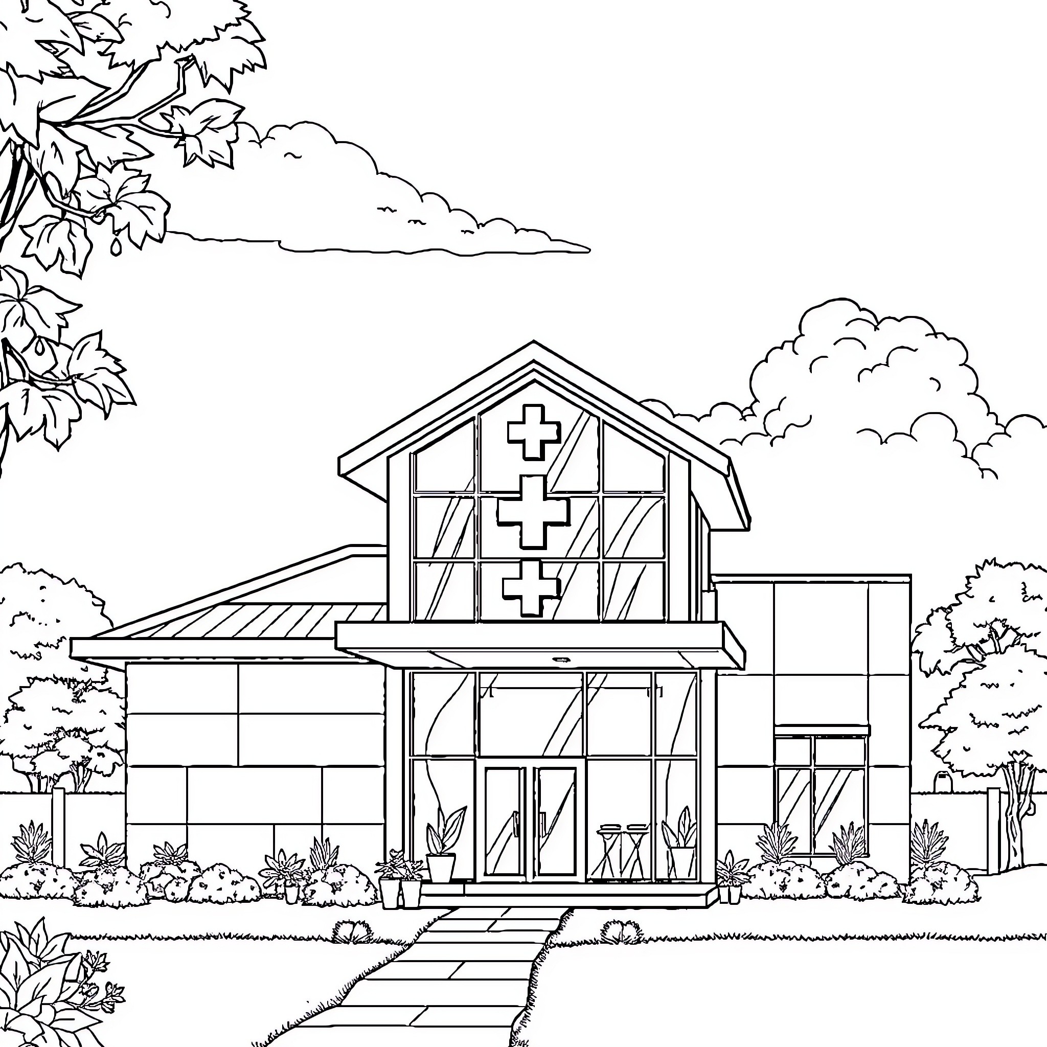 Rumah Sakit with Cross Symbol and Surrounding Landscape Coloring Page (free black-and-white line drawing printable PDF for all, from beginners to advanced learners, including children, teens, adults, and seniors)