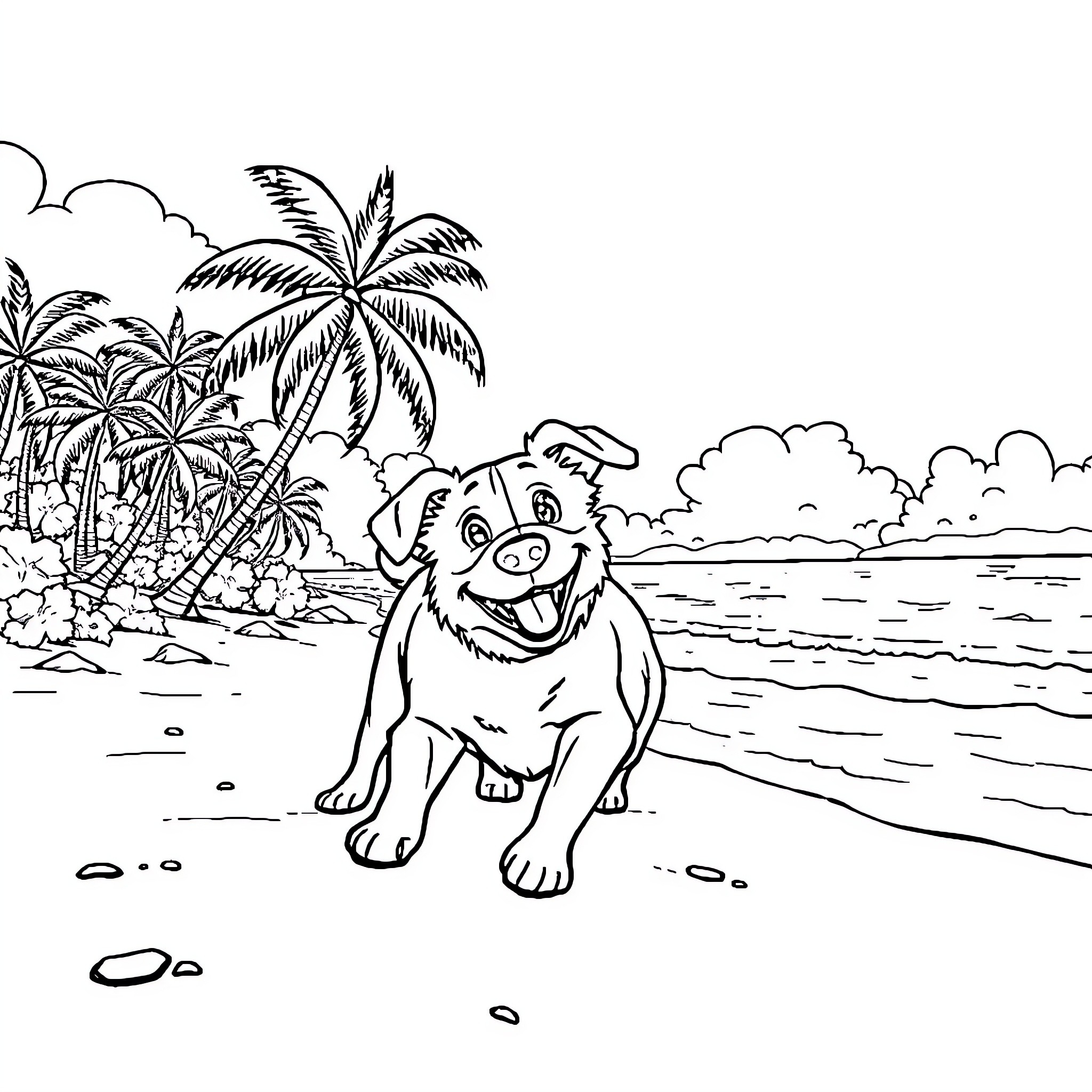 Dog enjoying the beach scenery Coloring Page (free black-and-white line drawing printable PDF for all, from beginners to advanced learners, including children, teens, adults, and seniors)