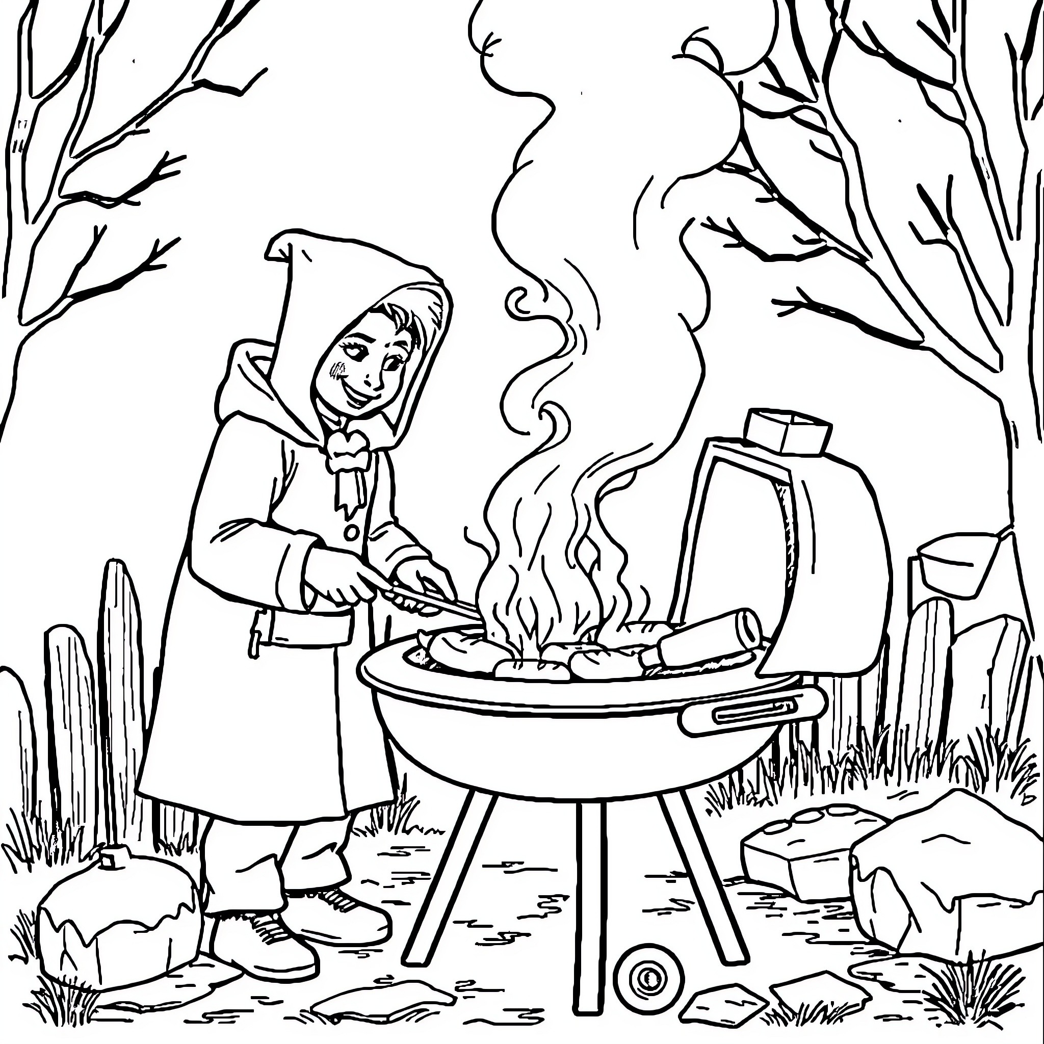 Frozen moment of outdoor cooking adventure Coloring Page (free black-and-white line drawing printable PDF for all, from beginners to advanced learners, including children, teens, adults, and seniors)