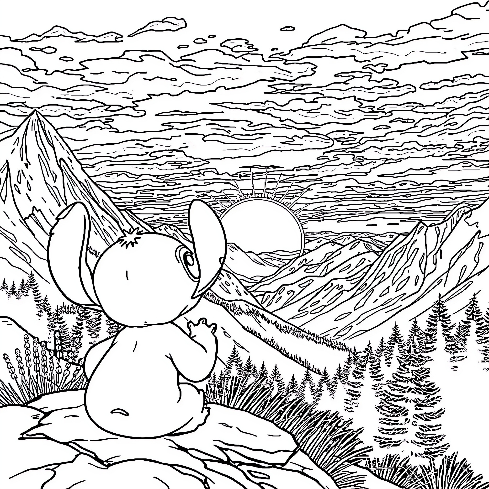 Stitch watching the sunset in a mountain landscape Coloring Page (free black-and-white line drawing printable PDF for all, from beginners to advanced learners, including children, teens, adults, and seniors)