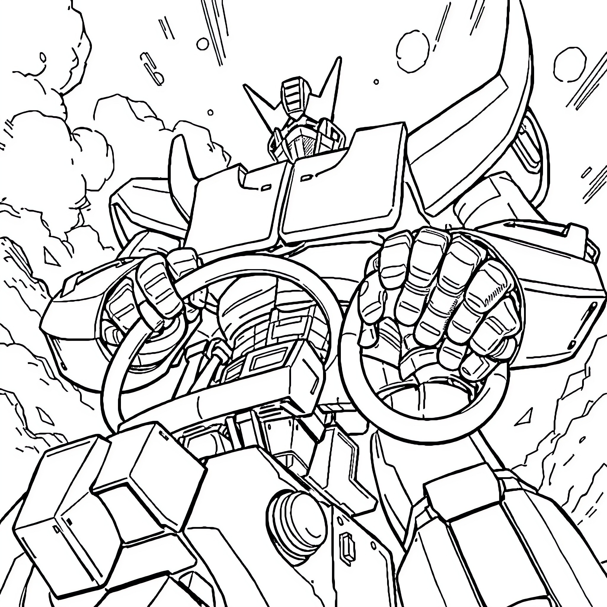 Meteoro robot in action with dramatic effects Coloring Page (free black-and-white line drawing printable PDF for all, from beginners to advanced learners, including children, teens, adults, and seniors)