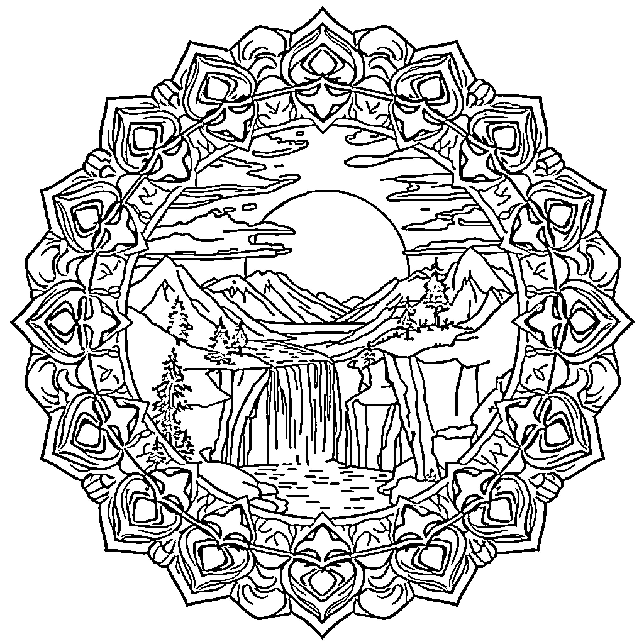 Mandala depicting a serene landscape with mountains and waterfall Coloring Page (free black-and-white line drawing printable PDF for all, from beginners to advanced learners, including children, teens, adults, and seniors)