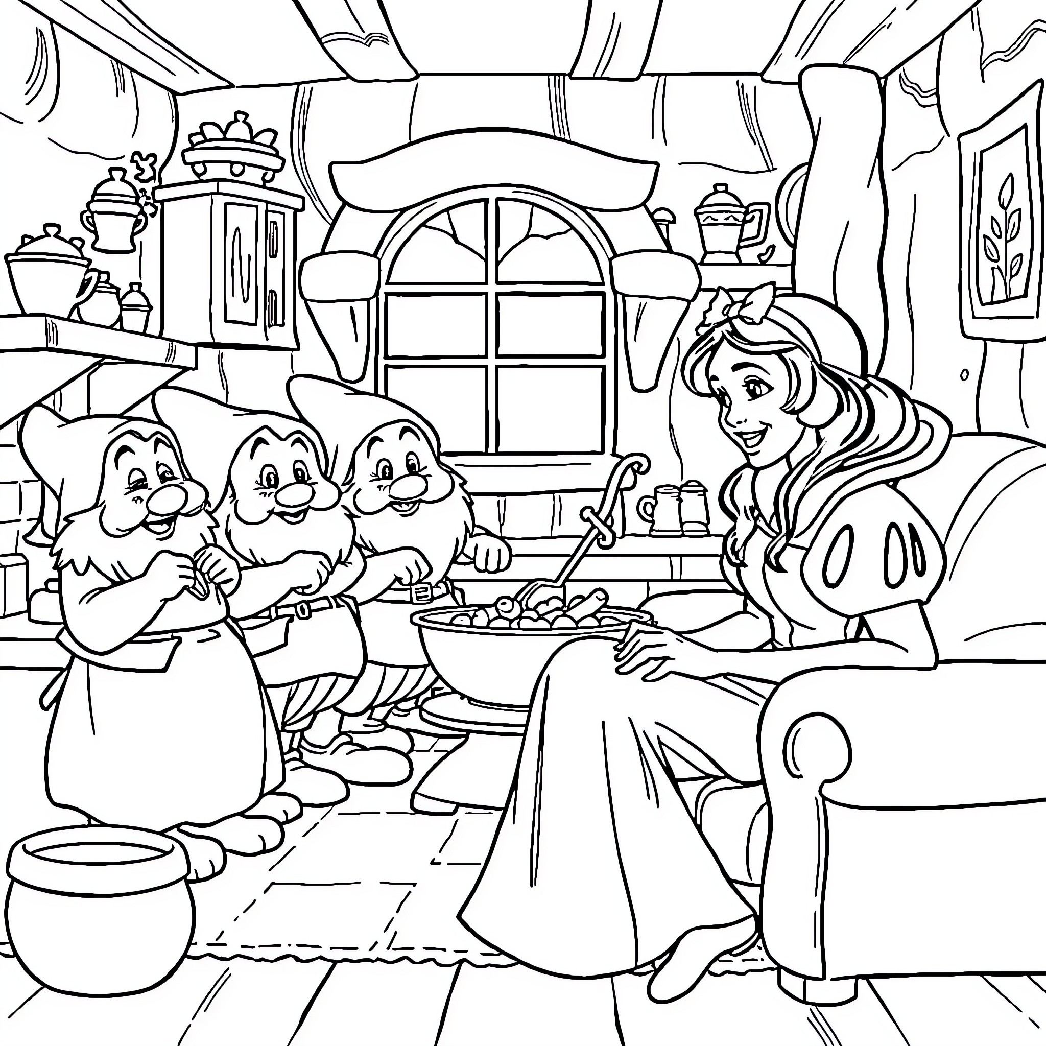 Dwarf folk cooking and serving a meal in their cottage Coloring Page (free black-and-white line drawing printable PDF for all, from beginners to advanced learners, including children, teens, adults, and seniors)