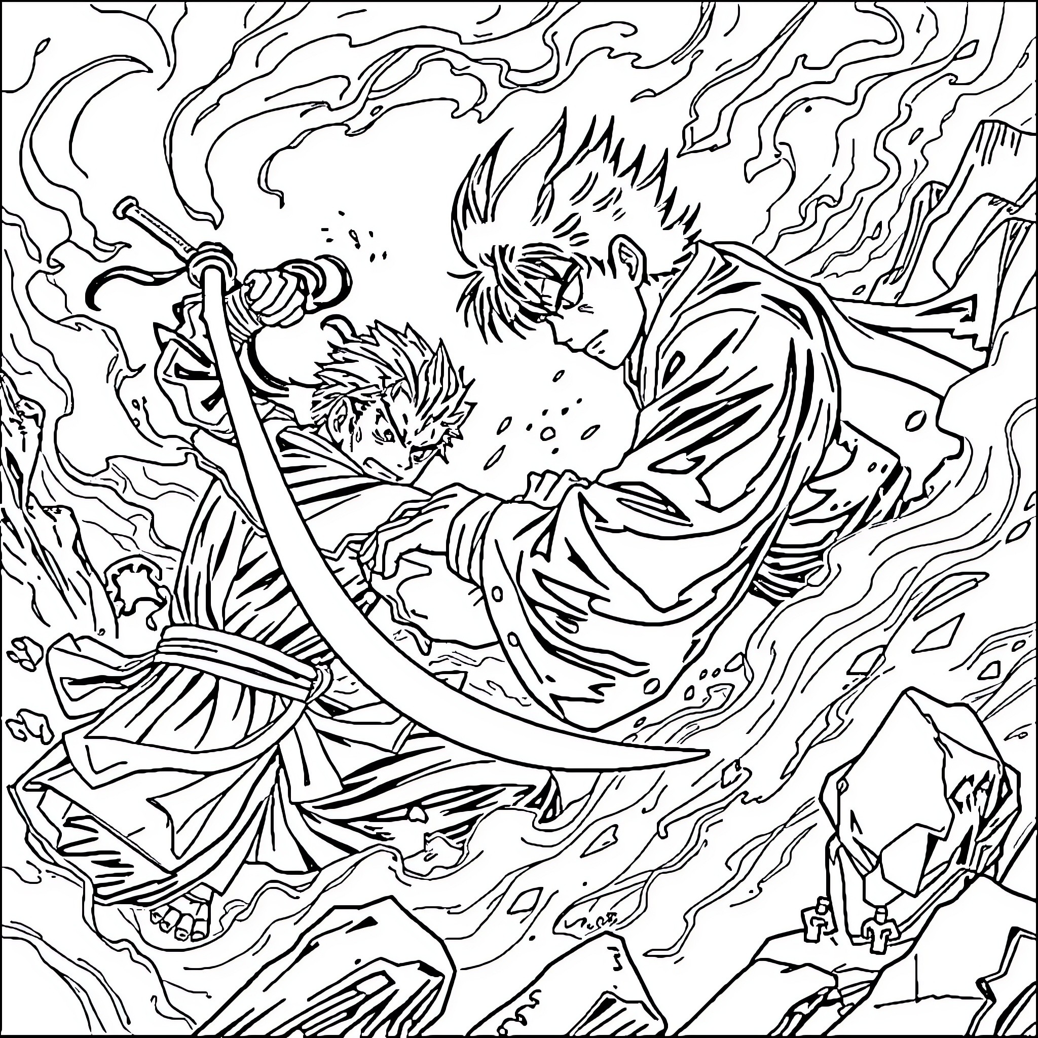 Tanjiro Unleashing Fiery Determination in Battle Coloring Page (free black-and-white line drawing printable PDF for all, from beginners to advanced learners, including children, teens, adults, and seniors)