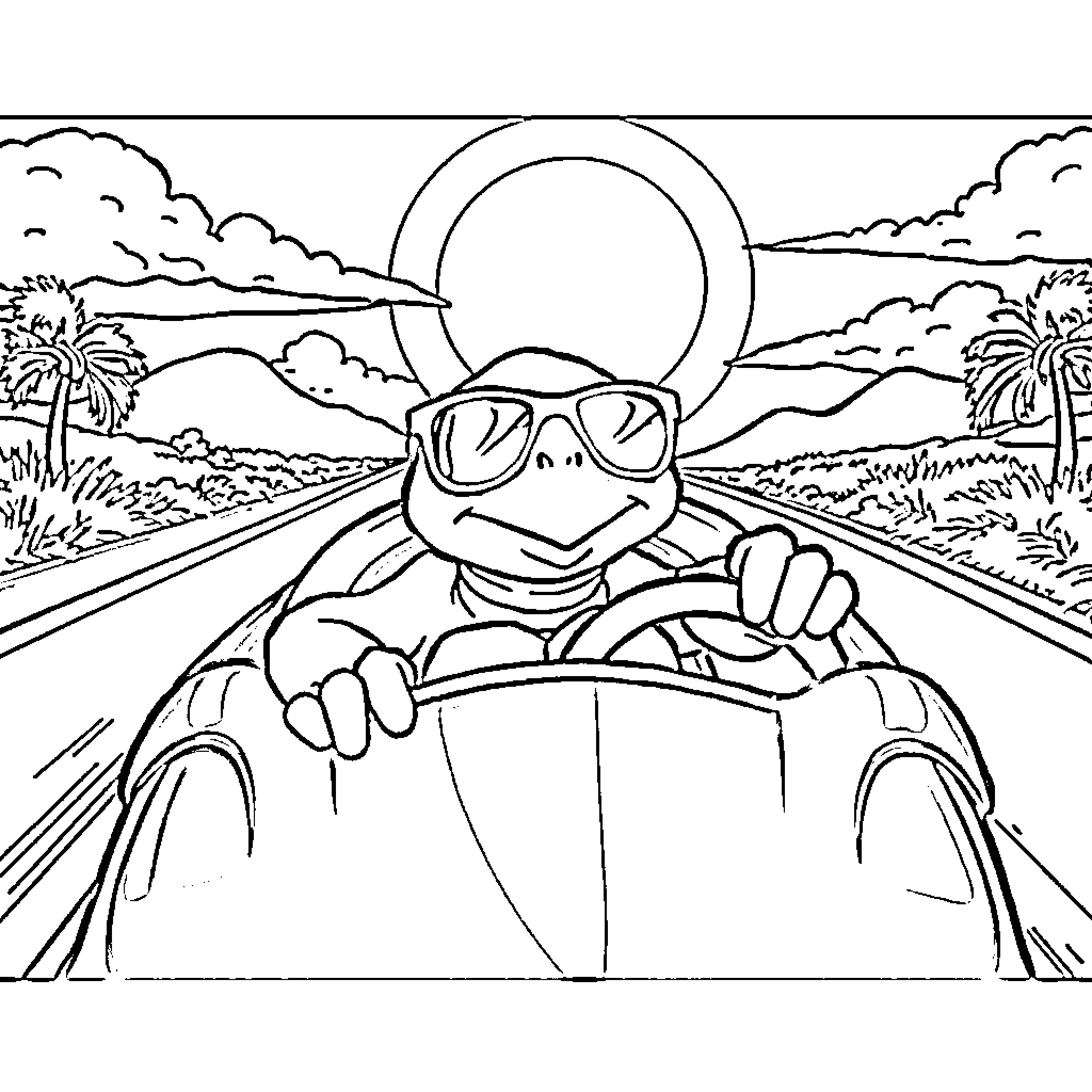 Turtle driving along a scenic road Coloring Page (free black-and-white line drawing printable PDF for all, from beginners to advanced learners, including children, teens, adults, and seniors)