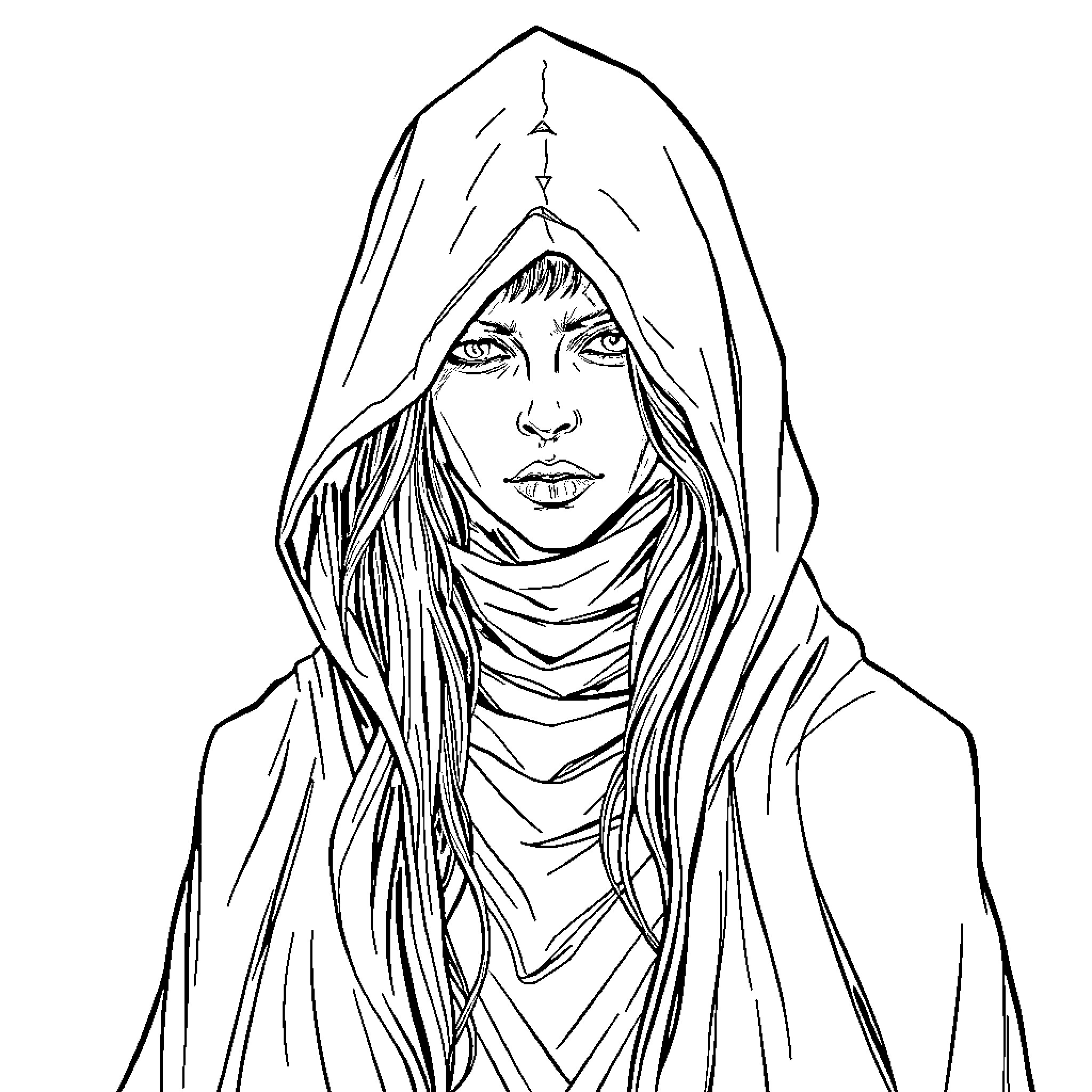 Woman in hooded robe with piercing gaze Coloring Page (free black-and-white line drawing printable PDF for all, from beginners to advanced learners, including children, teens, adults, and seniors)