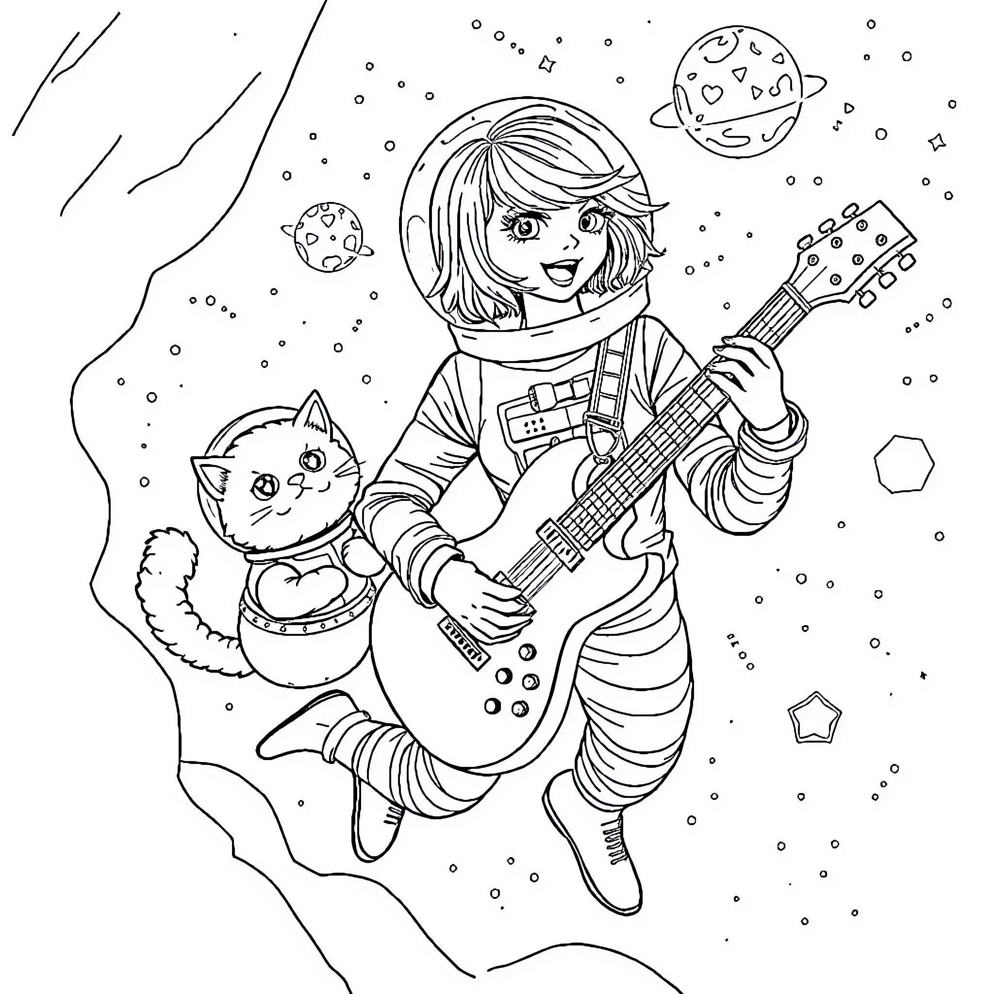 Taylor Swift playing guitar in space with a cat Coloring Page (free black-and-white line drawing printable PDF for all, from beginners to advanced learners, including children, teens, adults, and seniors)