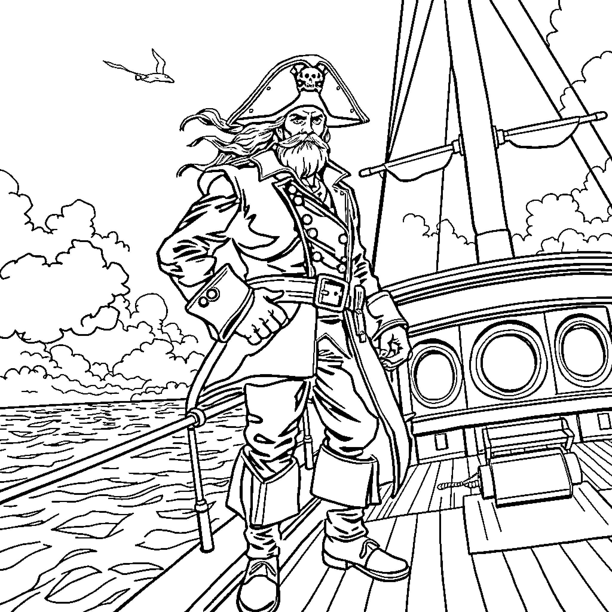 Kaptein Sabeltann standing proudly on his pirate ship Coloring Page (free black-and-white line drawing printable PDF for all, from beginners to advanced learners, including children, teens, adults, and seniors)