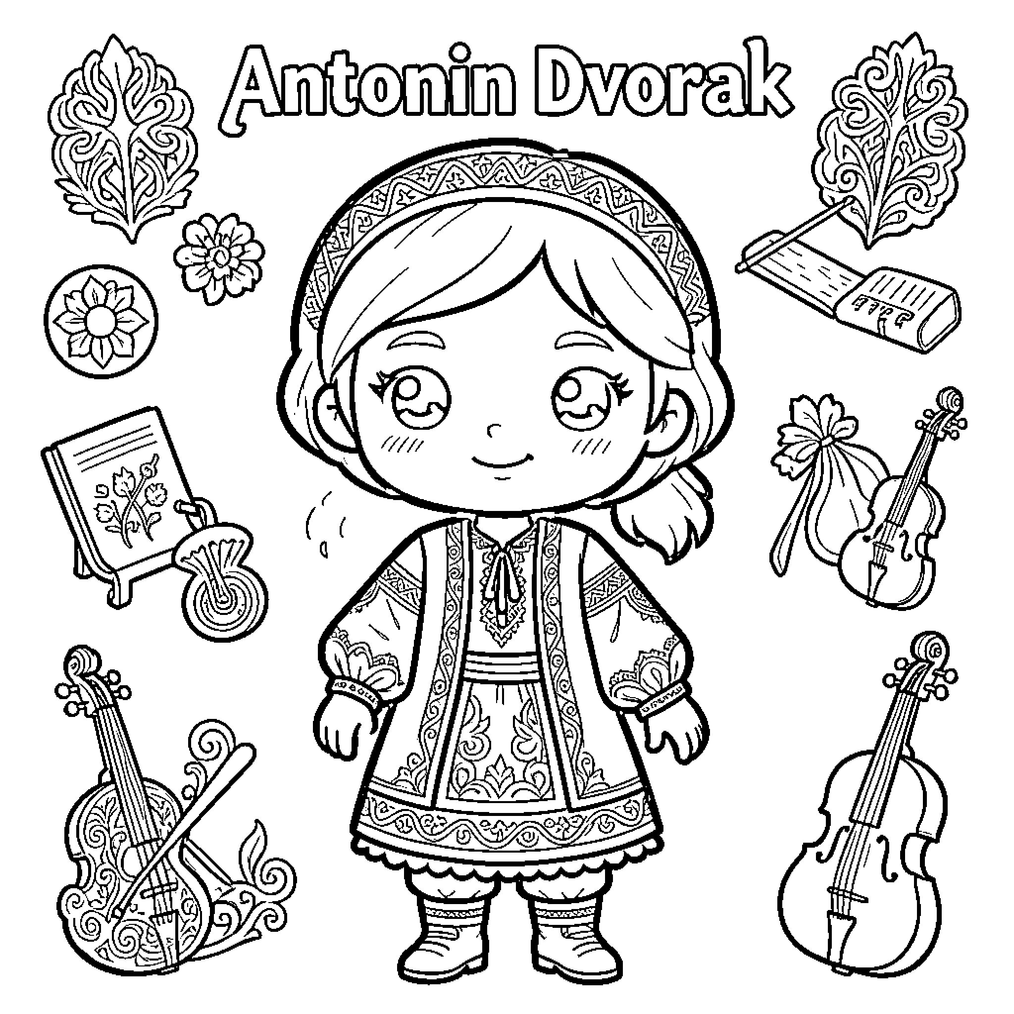 Antonin Dvorak style character in traditional folk clothing Coloring Page (free black-and-white line drawing printable PDF for all, from beginners to advanced learners, including children, teens, adults, and seniors)