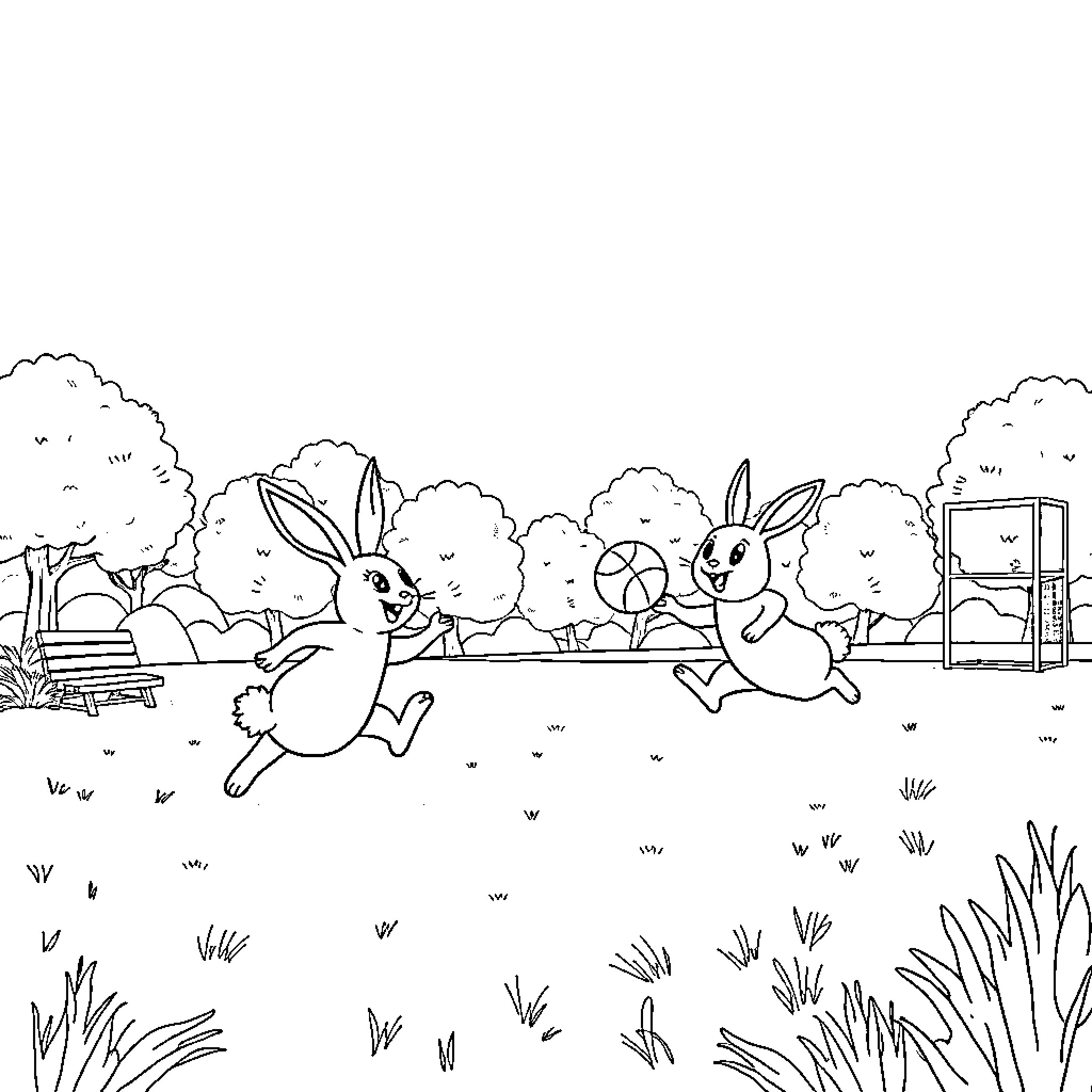 Bunnies playing in the meadow Coloring Page (free black-and-white line drawing printable PDF for all, from beginners to advanced learners, including children, teens, adults, and seniors)