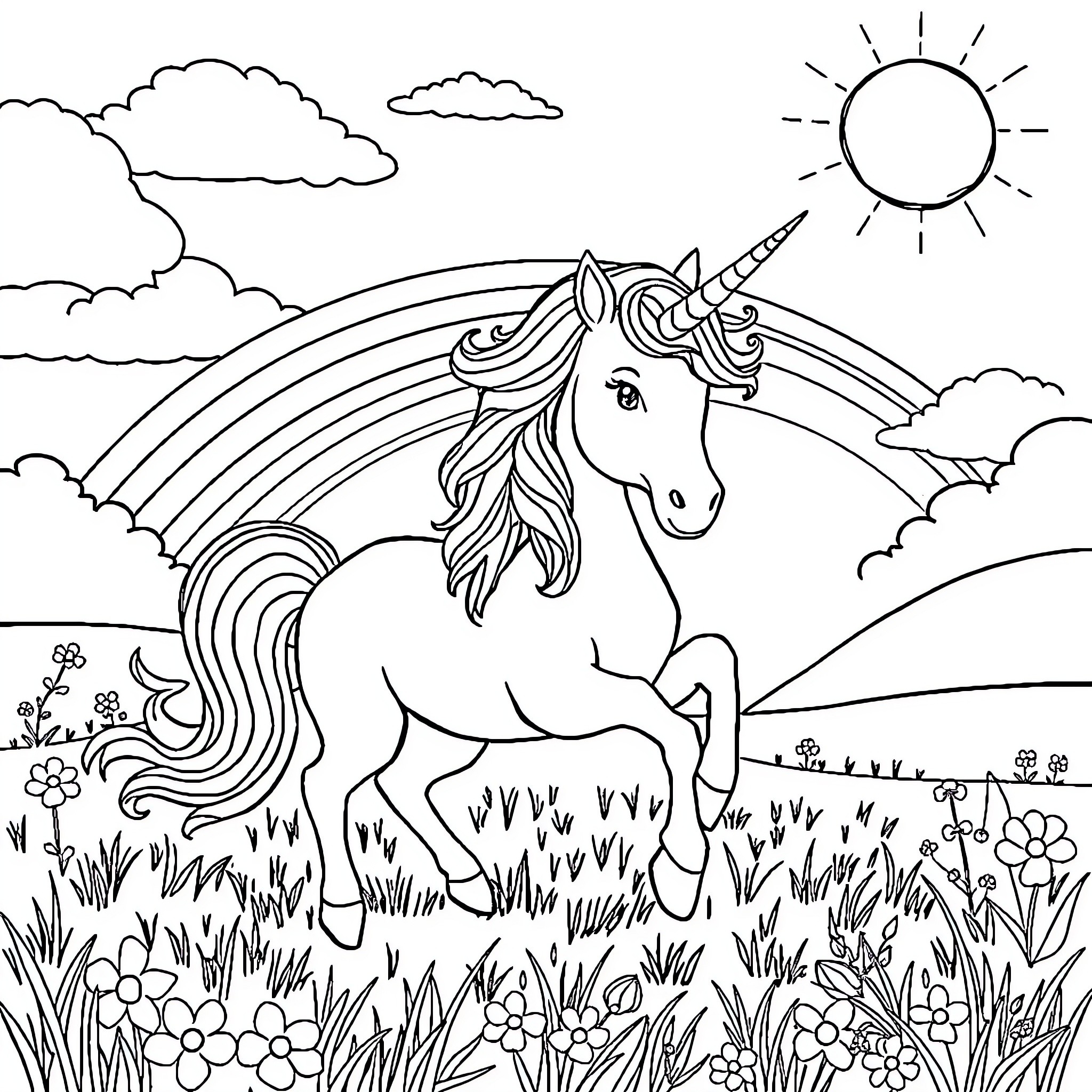 Unicorn strolling under a rainbow-filled sky Coloring Page (free black-and-white line drawing printable PDF for all, from beginners to advanced learners, including children, teens, adults, and seniors)