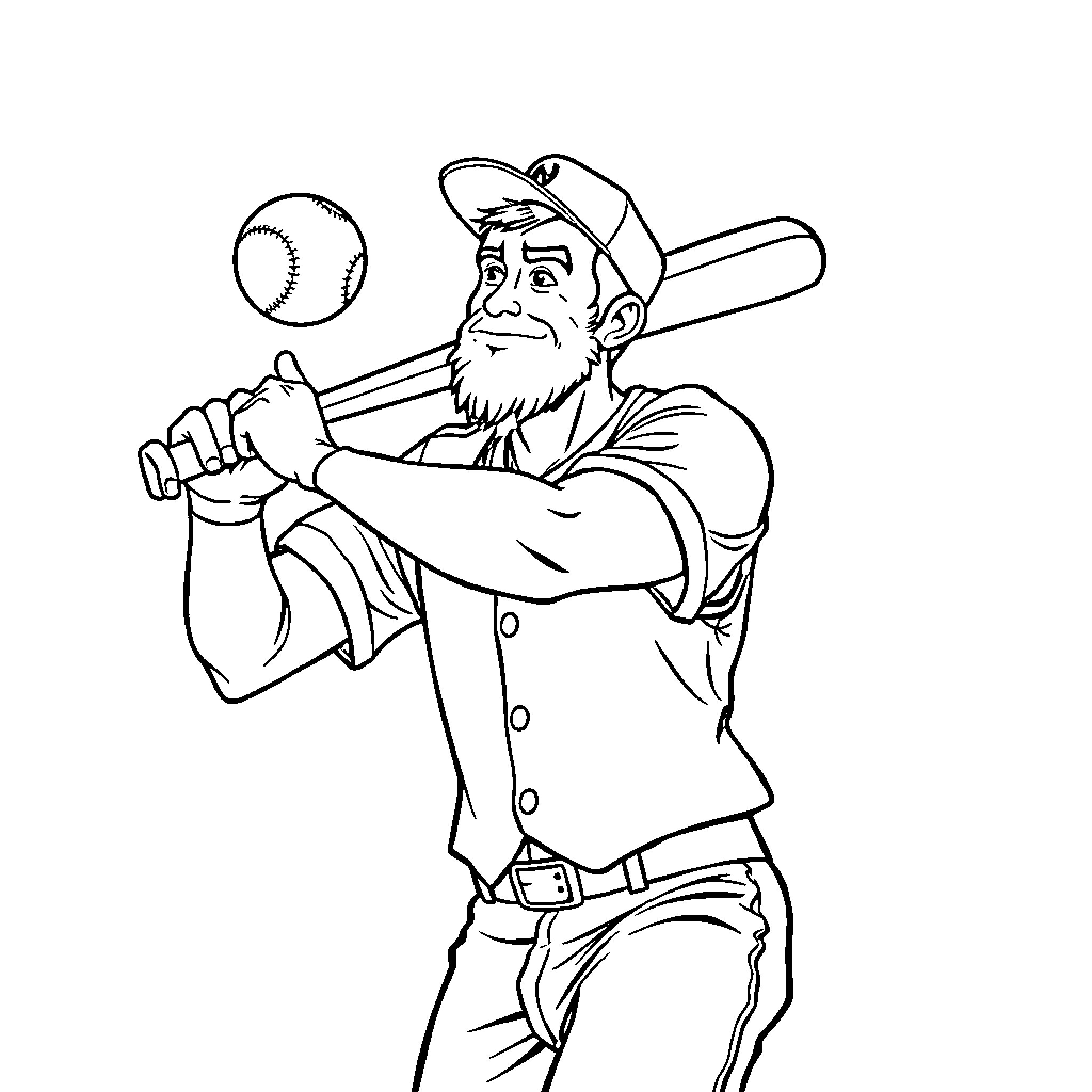 Barman batter prepares to swing at baseball Coloring Page (free black-and-white line drawing printable PDF for all, from beginners to advanced learners, including children, teens, adults, and seniors)