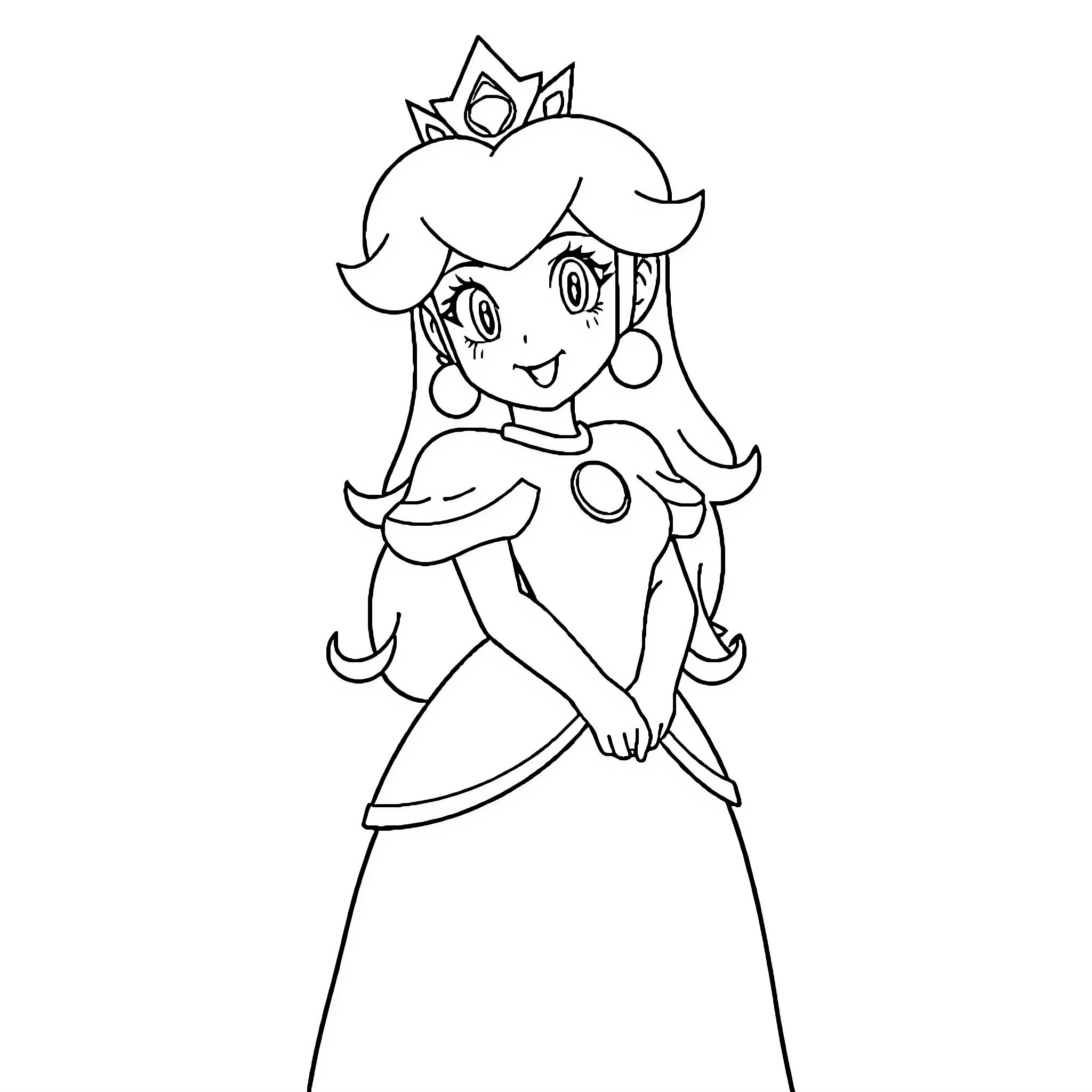 Princess Peach in Joyful Posture Coloring Page (free black-and-white line drawing printable PDF for all, from beginners to advanced learners, including children, teens, adults, and seniors)