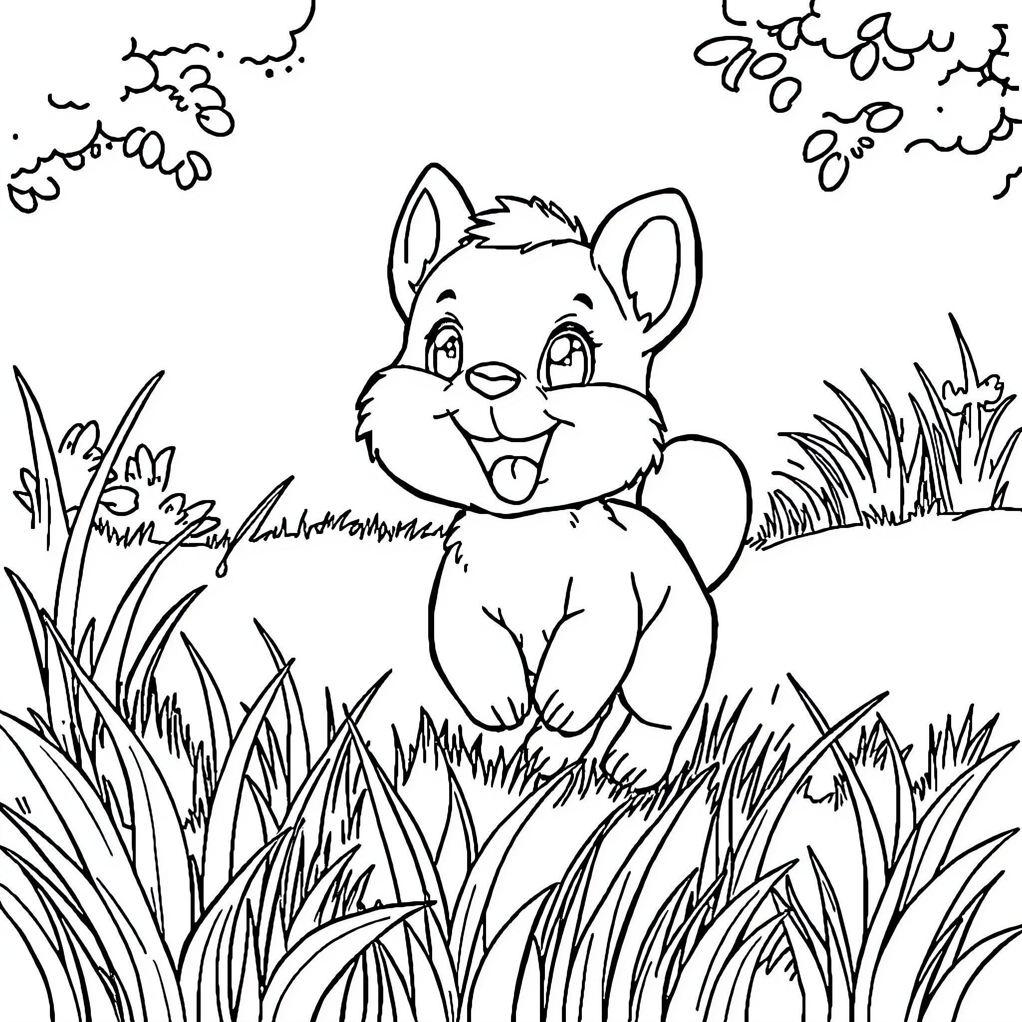 Animal happily playing in nature Coloring Page (free black-and-white line drawing printable PDF for all, from beginners to advanced learners, including children, teens, adults, and seniors)