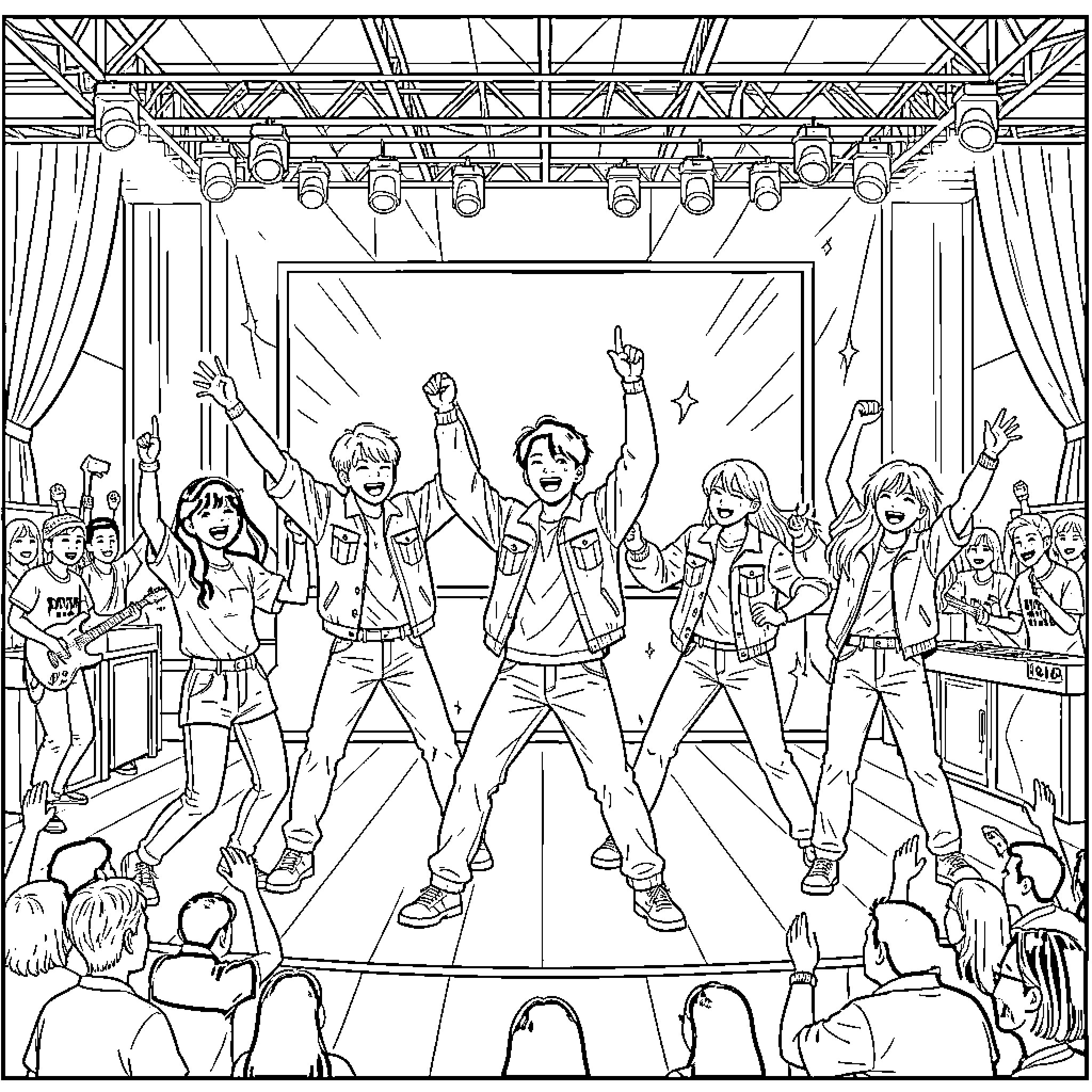 Kpop group performing energetically on a concert stage Coloring Page (free black-and-white line drawing printable PDF for all, from beginners to advanced learners, including children, teens, adults, and seniors)