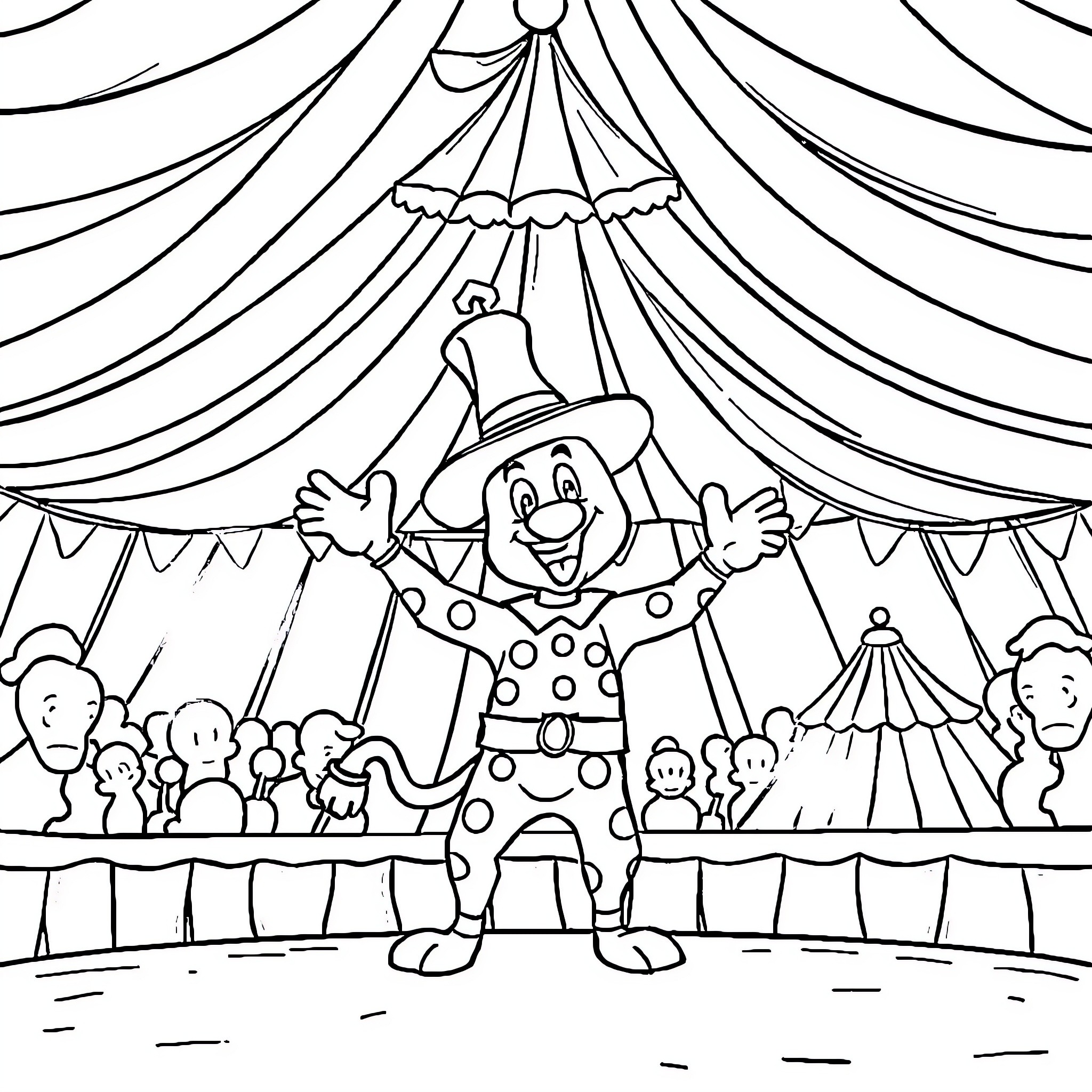 Howie-u Circus Performer Entertaining the Audience Coloring Page (free black-and-white line drawing printable PDF for all, from beginners to advanced learners, including children, teens, adults, and seniors)