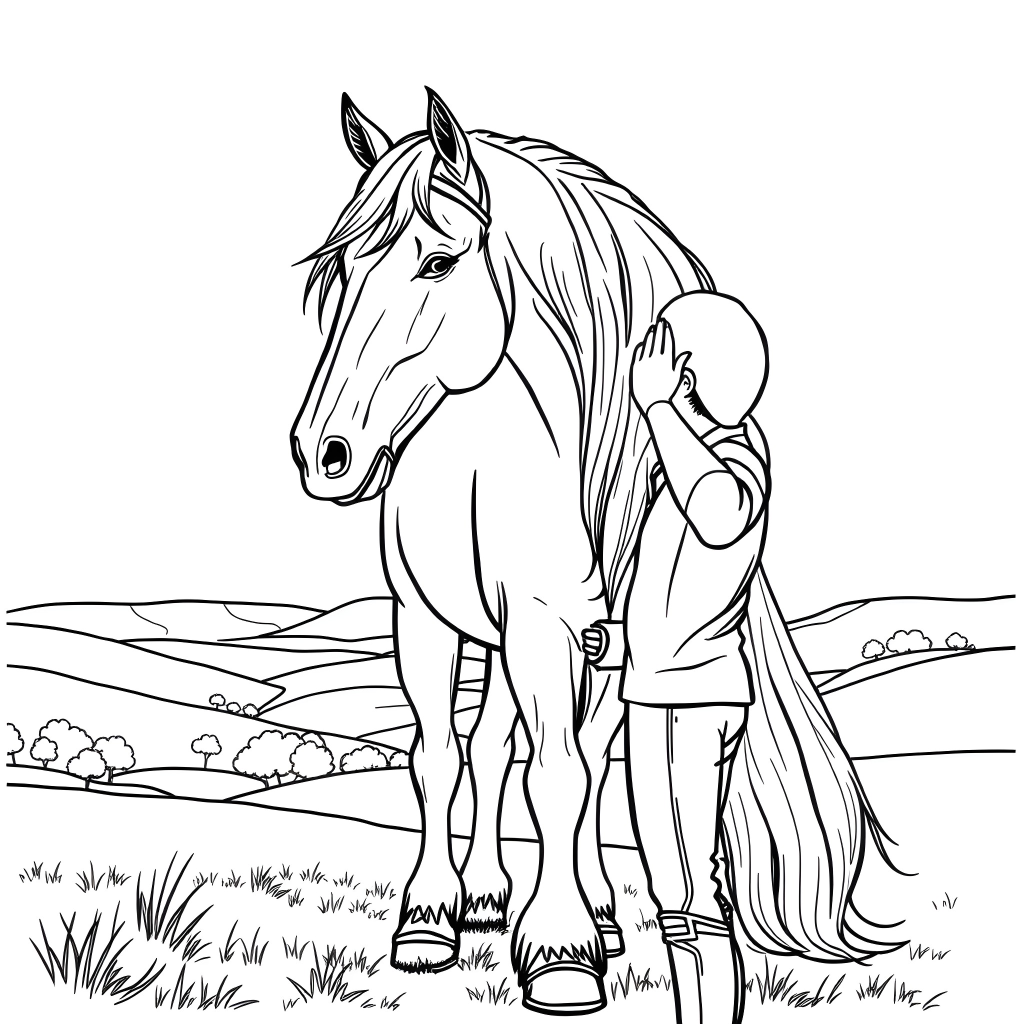 Friesian Horse grazing peacefully in the meadow Coloring Page (free black-and-white line drawing printable PDF for all, from beginners to advanced learners, including children, teens, adults, and seniors)