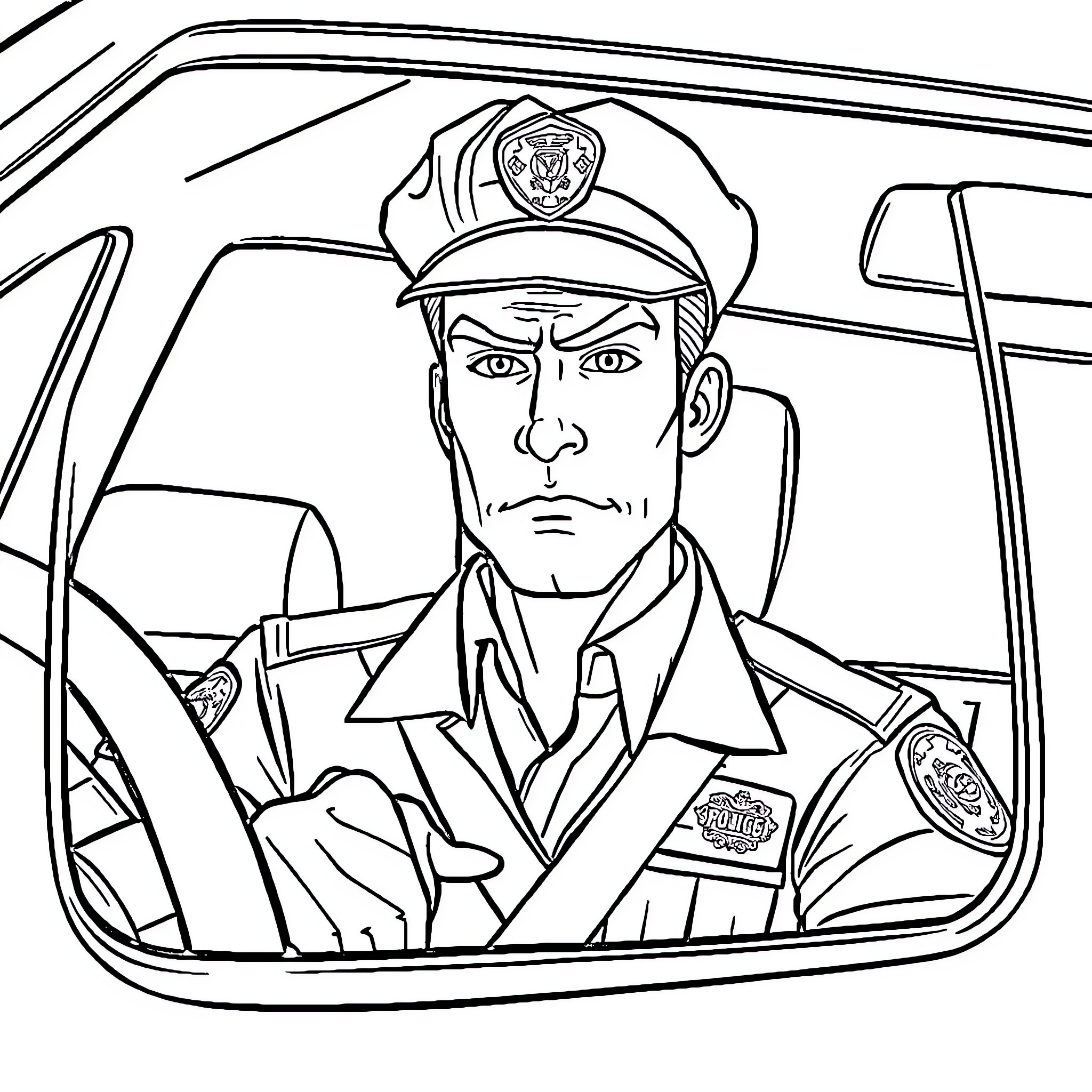 Baki: Police Officer in Patrol Car Coloring Page (free black-and-white line drawing printable PDF for all, from beginners to advanced learners, including children, teens, adults, and seniors)
