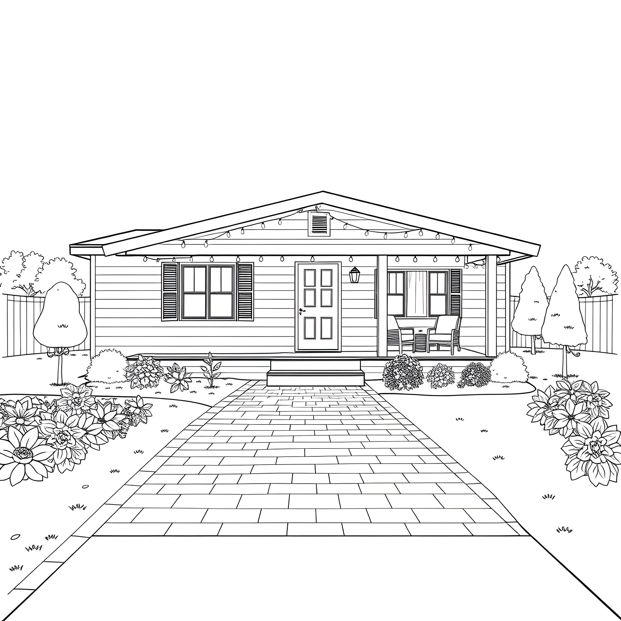 Home with a welcoming porch and flowers Coloring Page (free black-and-white line drawing printable PDF for all, from beginners to advanced learners, including children, teens, adults, and seniors)