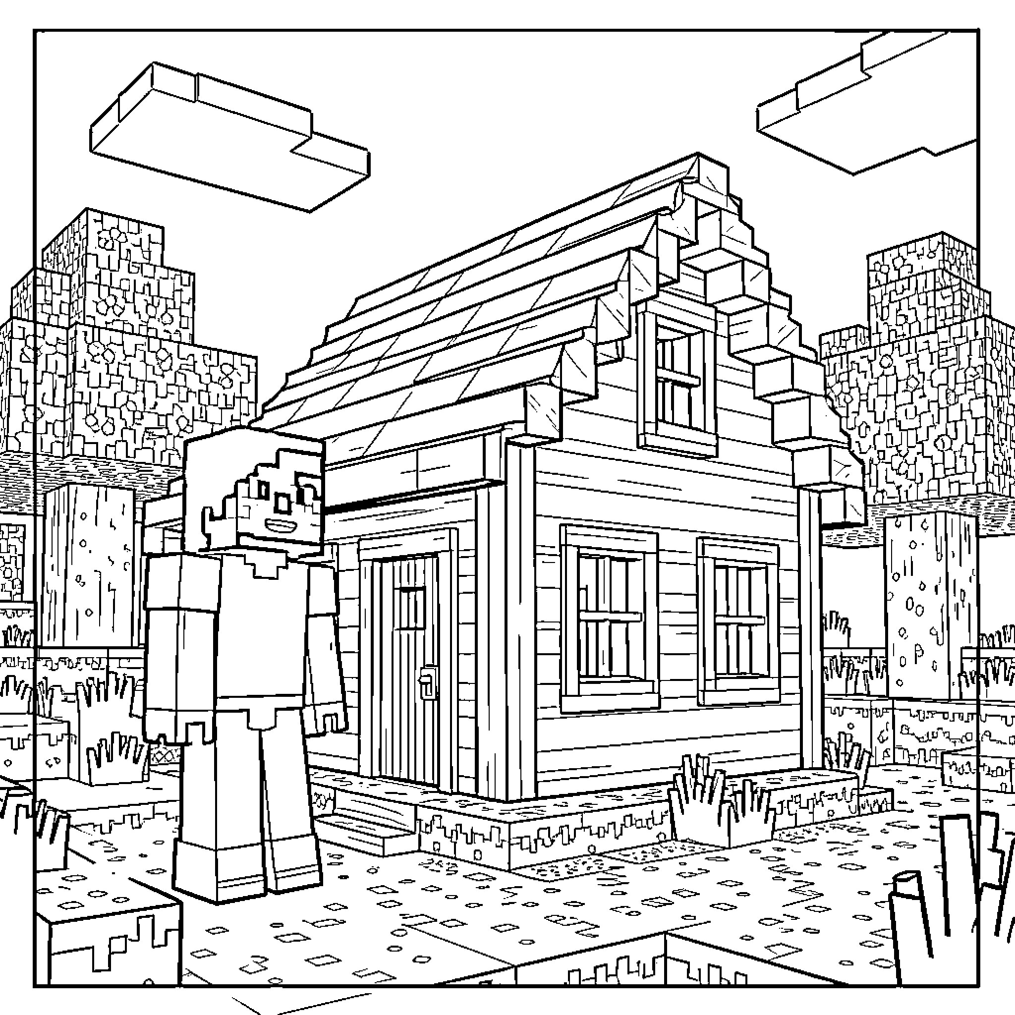 Minecraft character standing in front of a wooden house Coloring Page (free black-and-white line drawing printable PDF for all, from beginners to advanced learners, including children, teens, adults, and seniors)