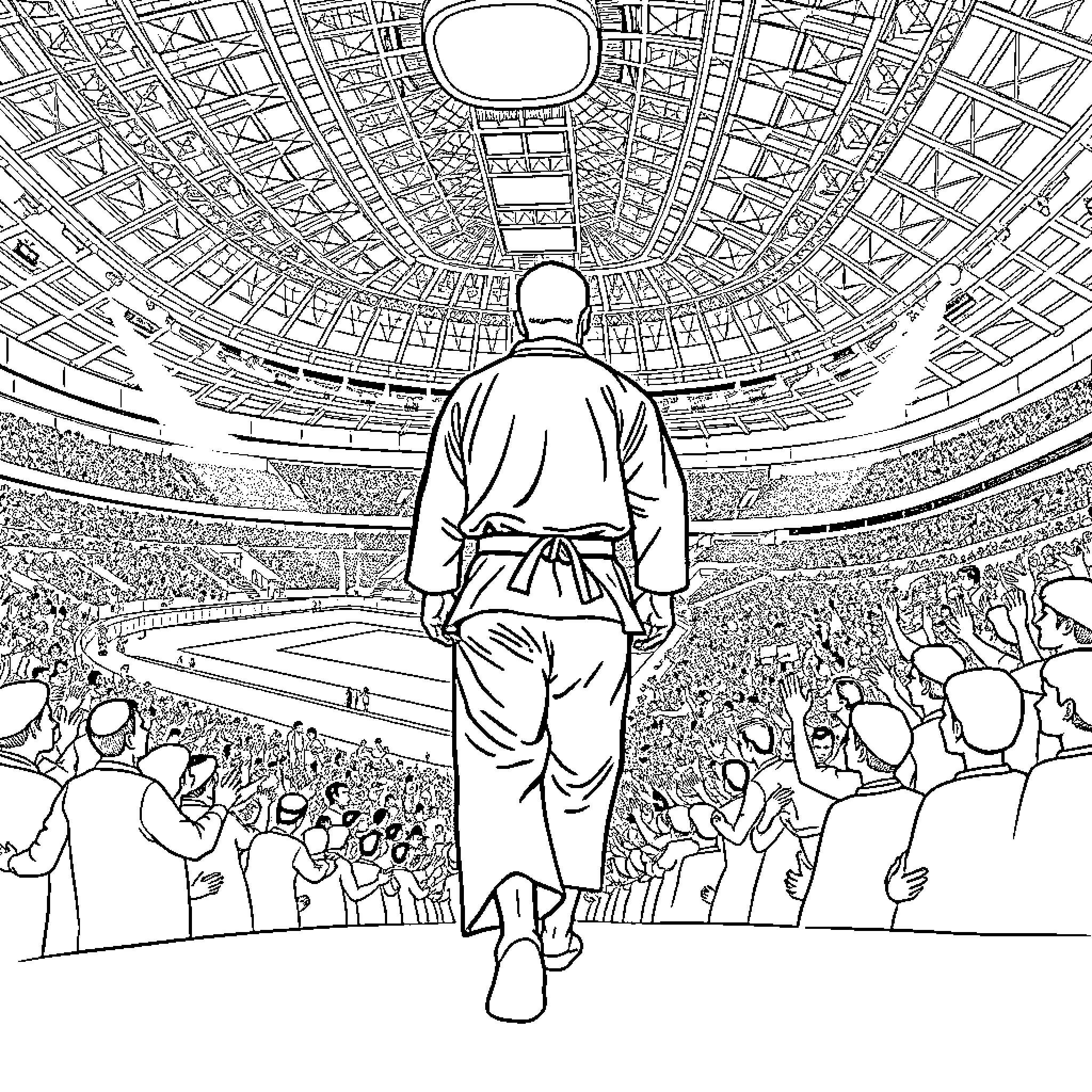 Judo Olympian walks onto the mat before competition Coloring Page (free black-and-white line drawing printable PDF for all, from beginners to advanced learners, including children, teens, adults, and seniors)
