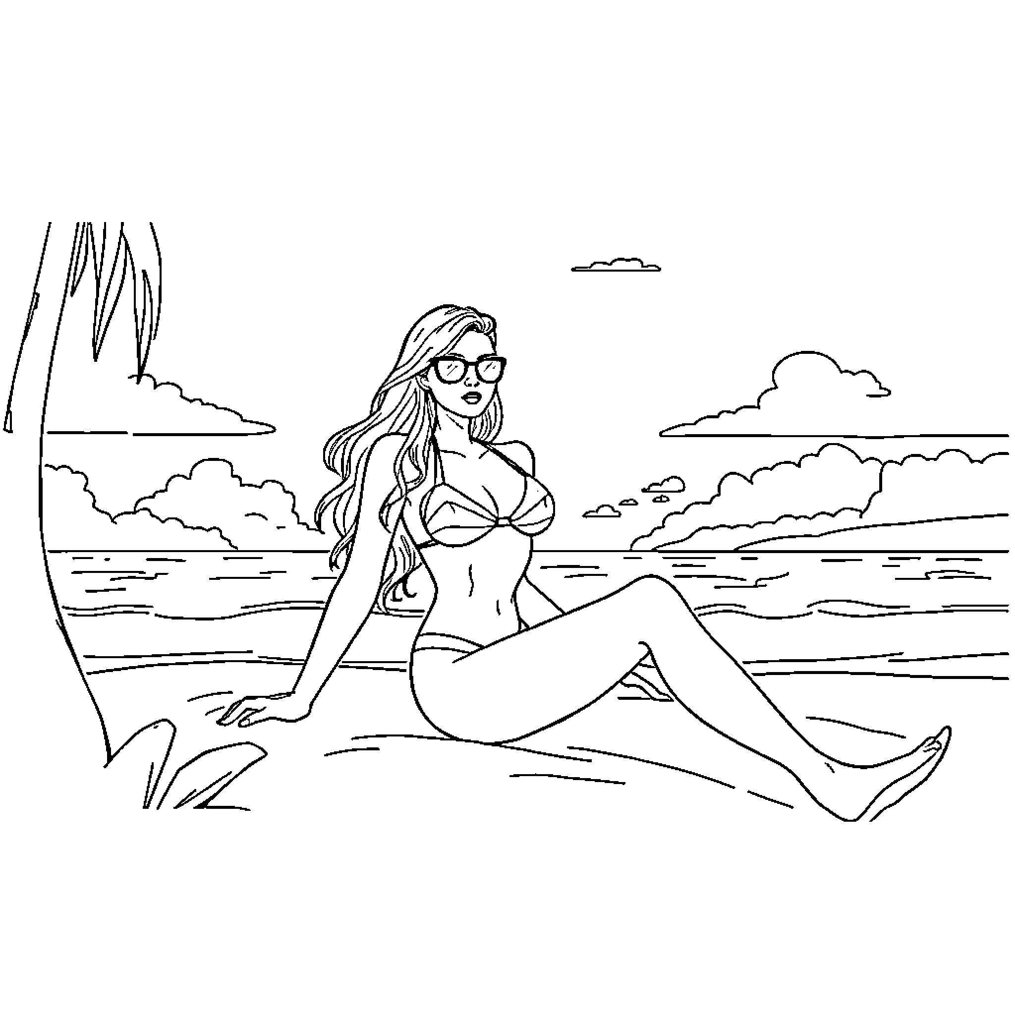 Girl relaxing on the beach Coloring Page (free black-and-white line drawing printable PDF for all, from beginners to advanced learners, including children, teens, adults, and seniors)