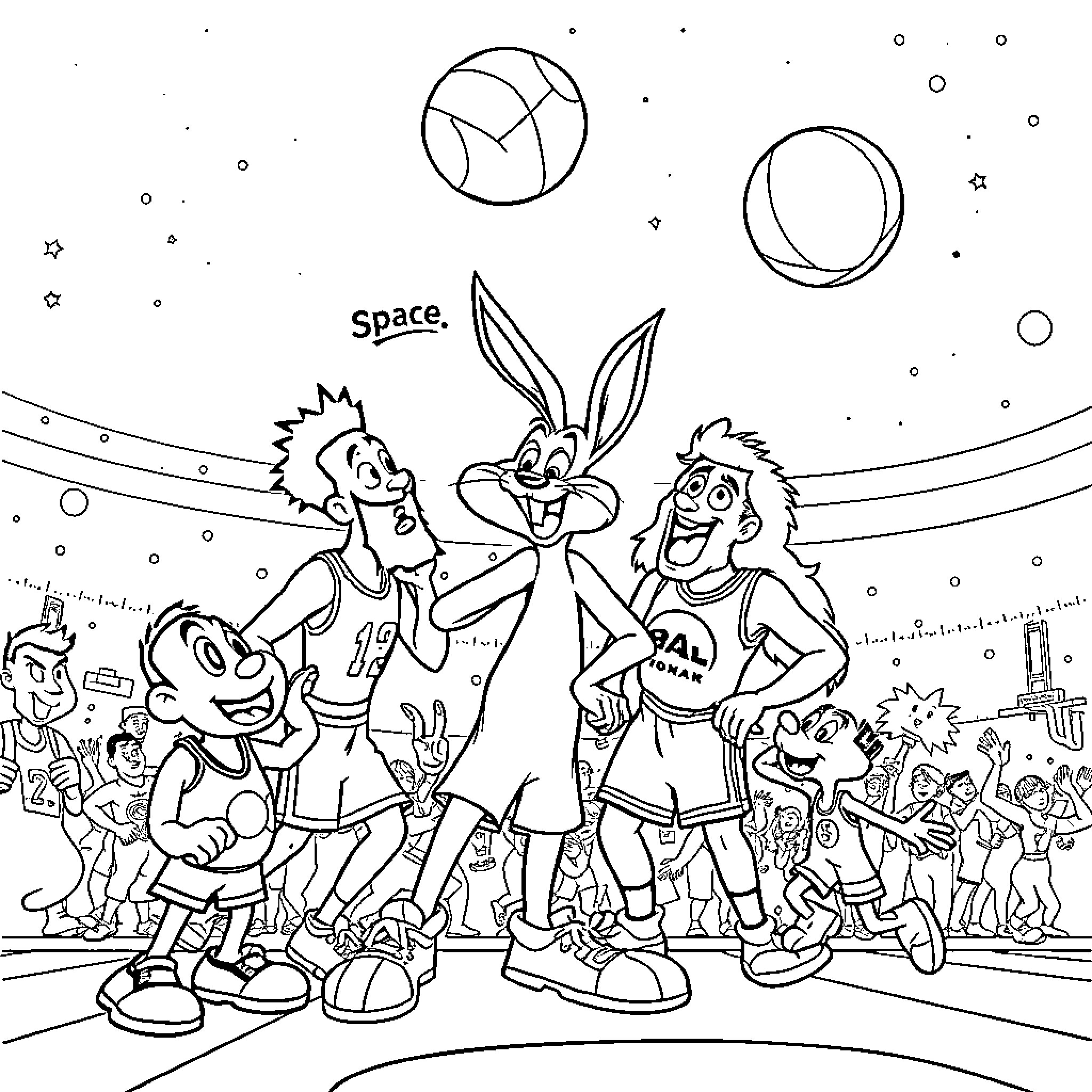 Space Jam: Cartoon Characters Playing Basketball in Outer Space Coloring Page (free black-and-white line drawing printable PDF for all, from beginners to advanced learners, including children, teens, adults, and seniors)