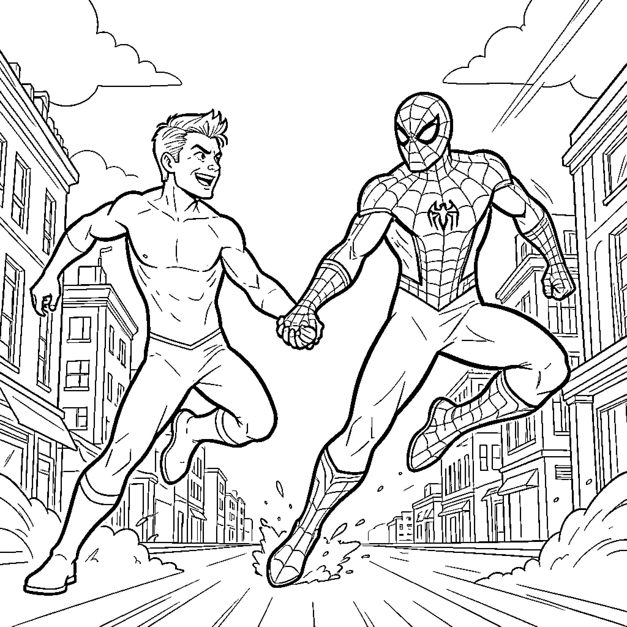 Dexter and Spider-Man heroes in action on the city streets Coloring Page (free black-and-white line drawing printable PDF for all, from beginners to advanced learners, including children, teens, adults, and seniors)