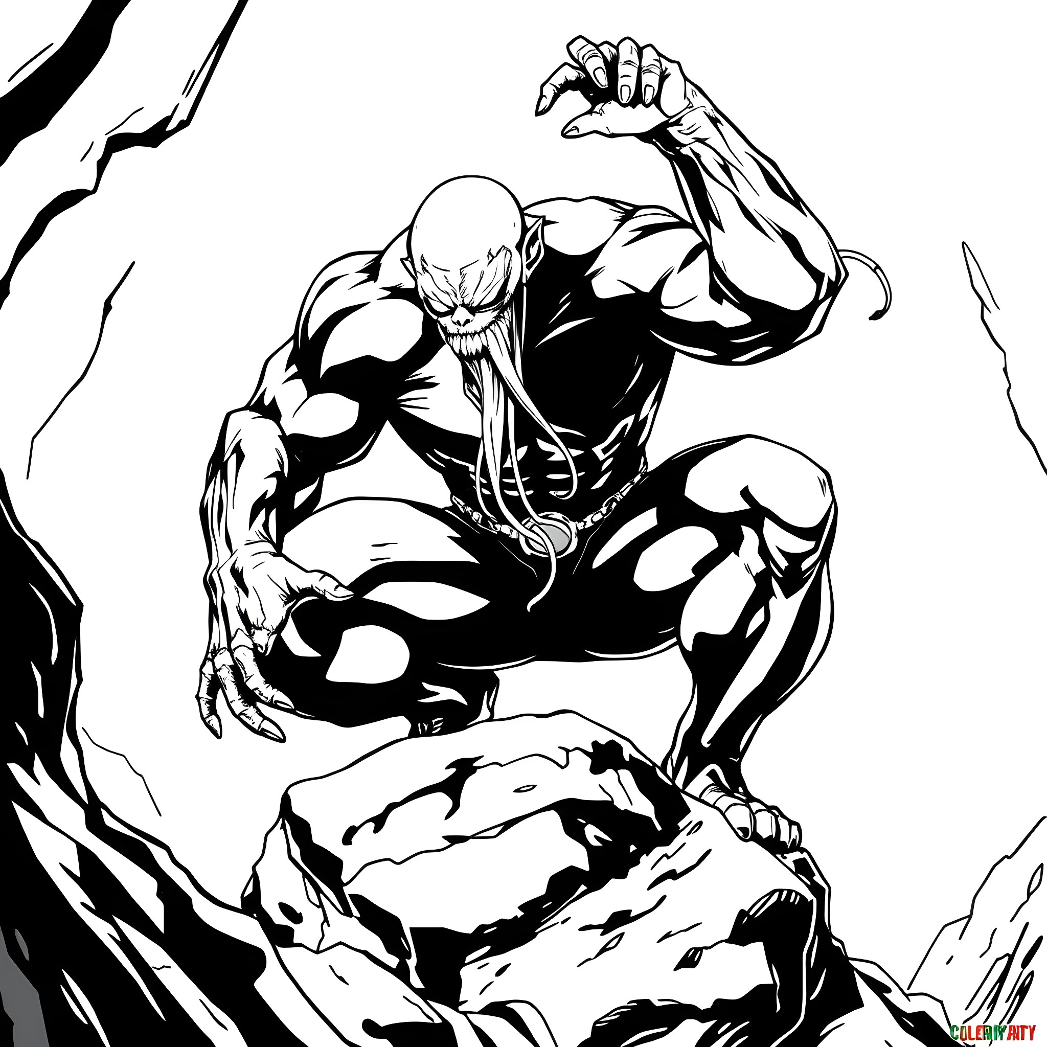 Venom's ferocious attack on rocky terrain Coloring Page (free black-and-white line drawing printable PDF for all, from beginners to advanced learners, including children, teens, adults, and seniors)