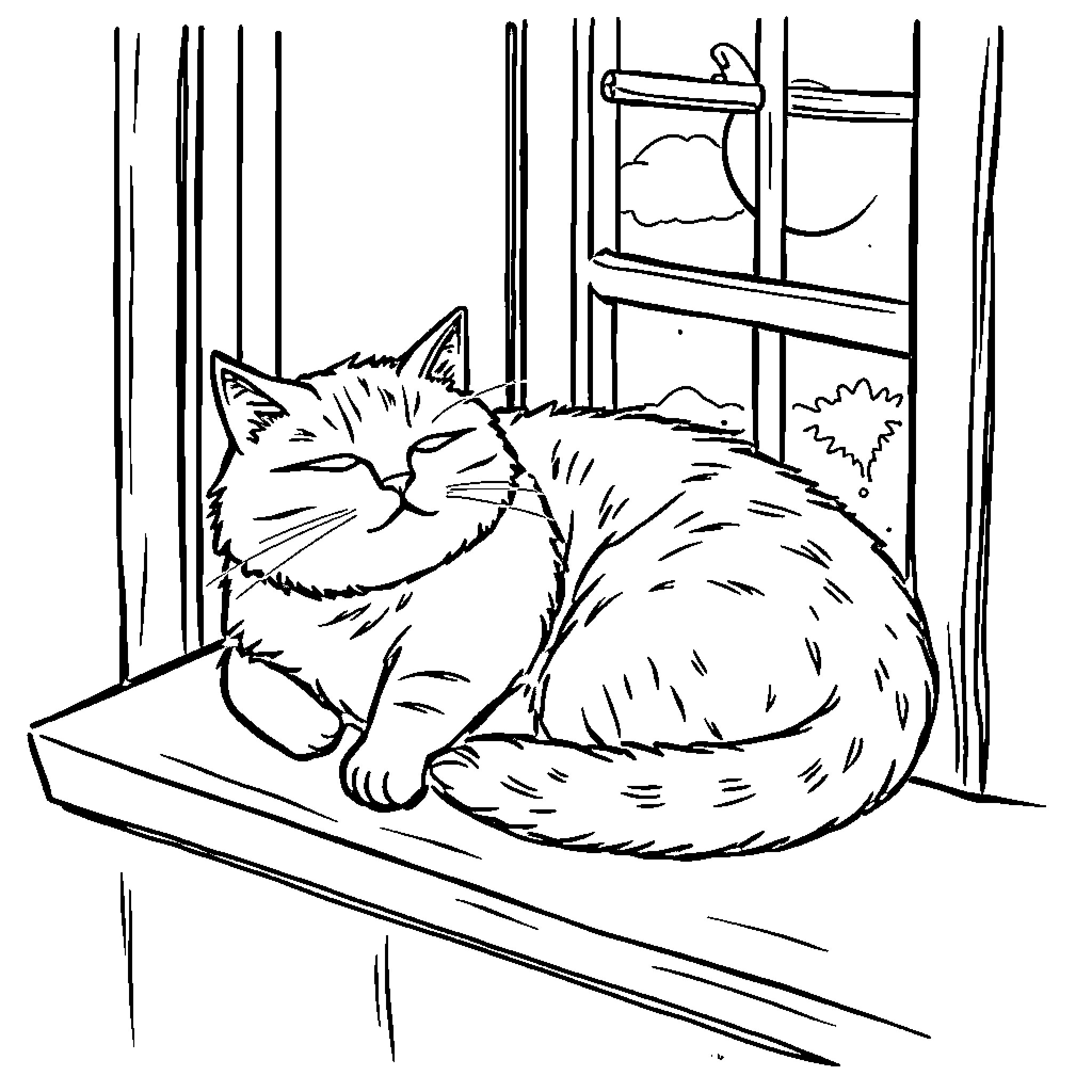 Cat resting peacefully by the window Coloring Page (free black-and-white line drawing printable PDF for all, from beginners to advanced learners, including children, teens, adults, and seniors)