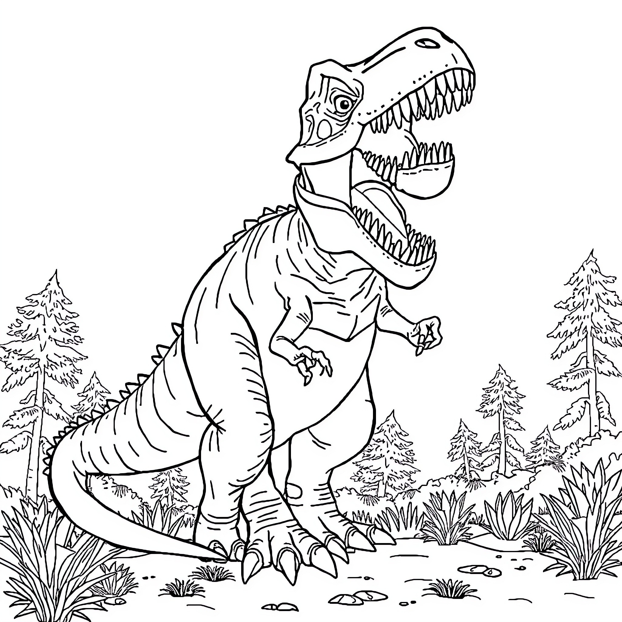Dinosaur roaring in a prehistoric forest scene Coloring Page (free black-and-white line drawing printable PDF for all, from beginners to advanced learners, including children, teens, adults, and seniors)