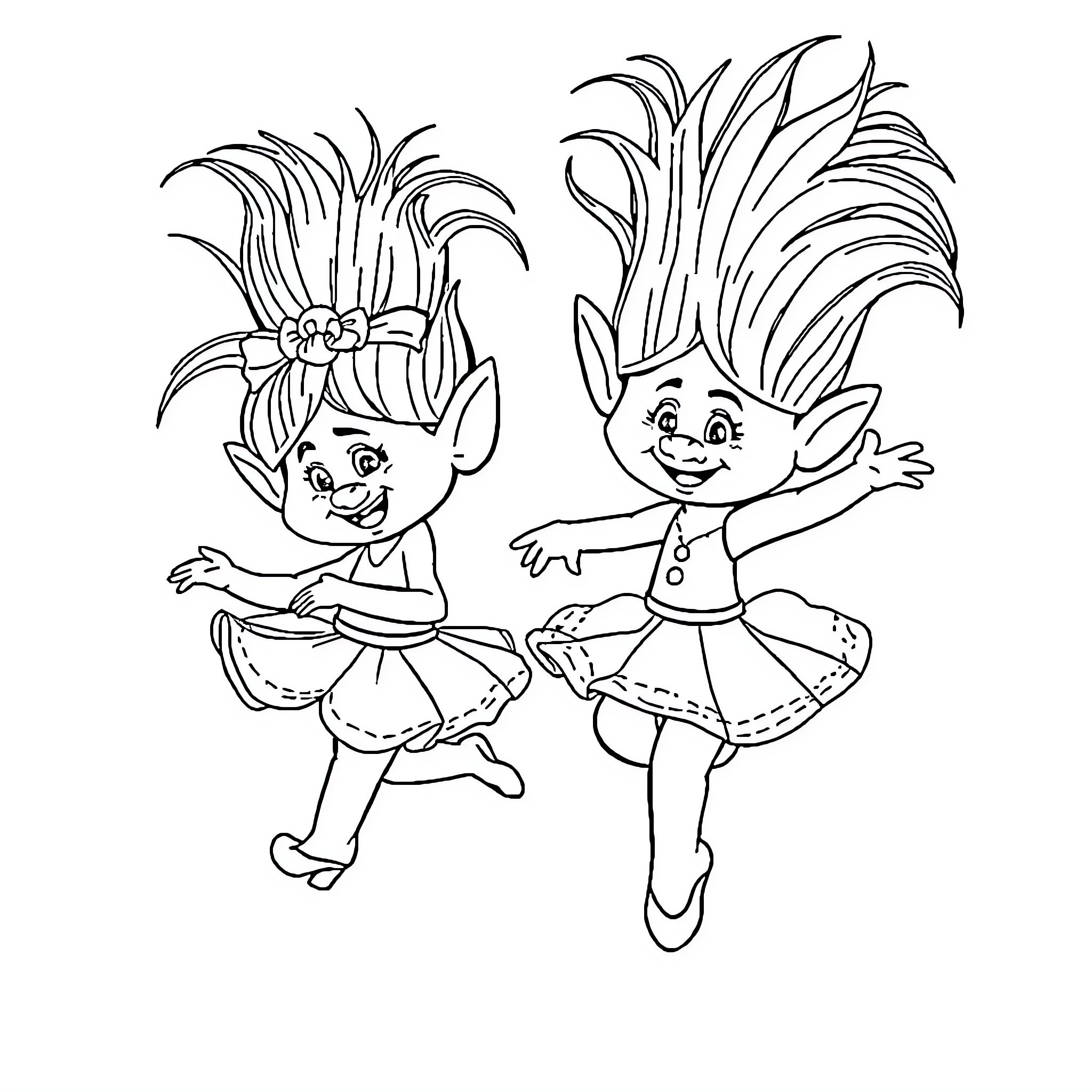 Poppy characters dancing and having fun Coloring Page (free black-and-white line drawing printable PDF for all, from beginners to advanced learners, including children, teens, adults, and seniors)
