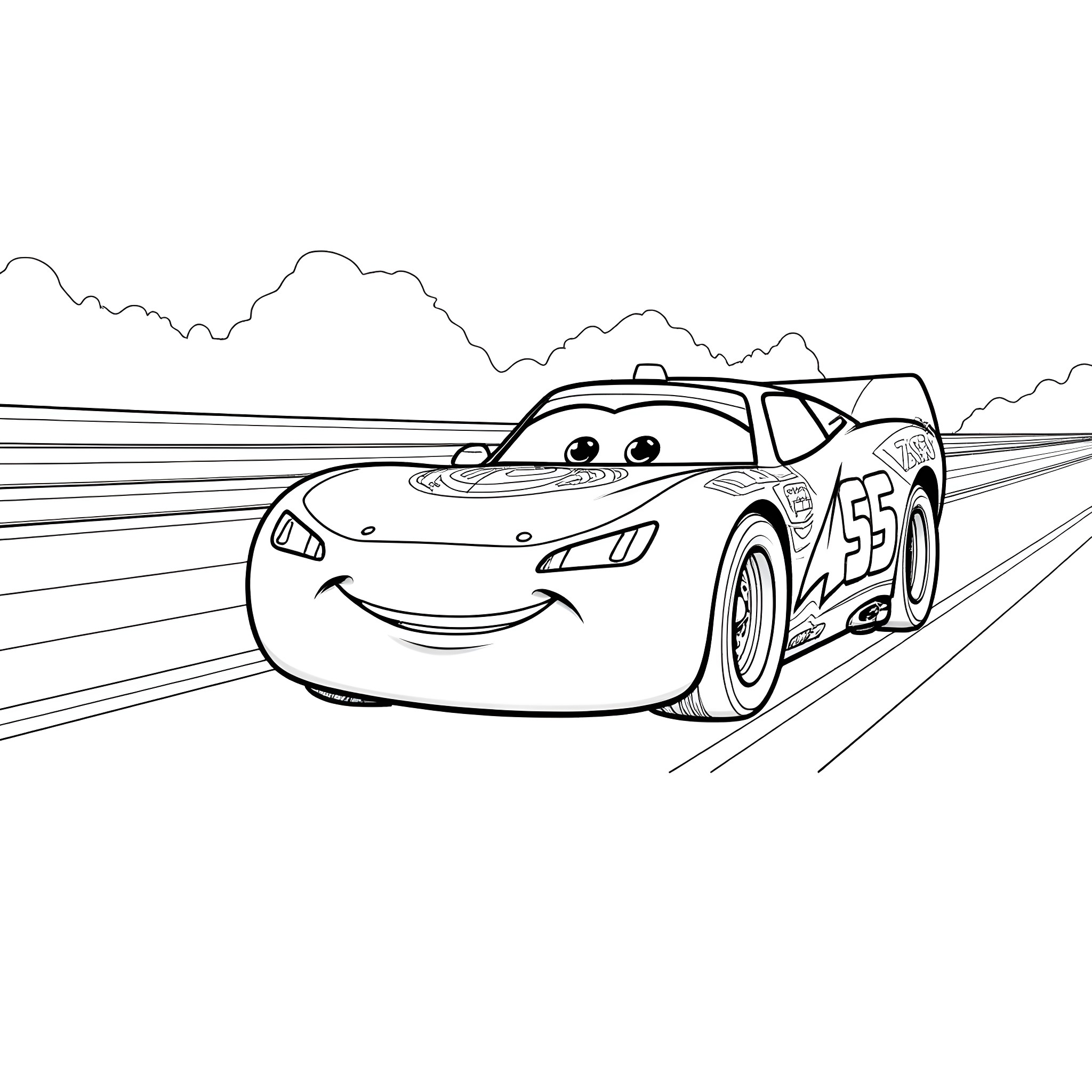Lightning McQueen racing on the track Coloring Page (free black-and-white line drawing printable PDF for all, from beginners to advanced learners, including children, teens, adults, and seniors)
