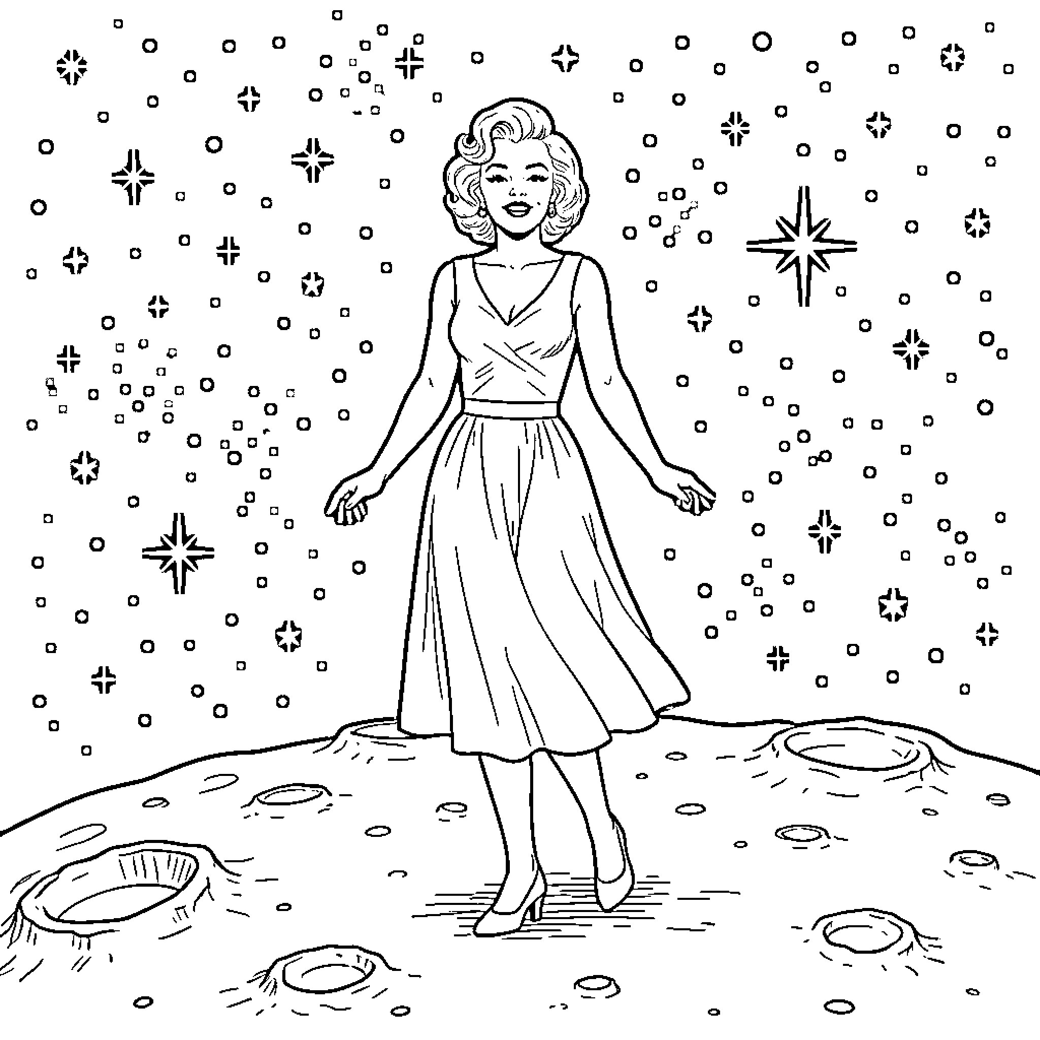 Marilyn Monroe Walking in Starry Wonderland Coloring Page (free black-and-white line drawing printable PDF for all, from beginners to advanced learners, including children, teens, adults, and seniors)