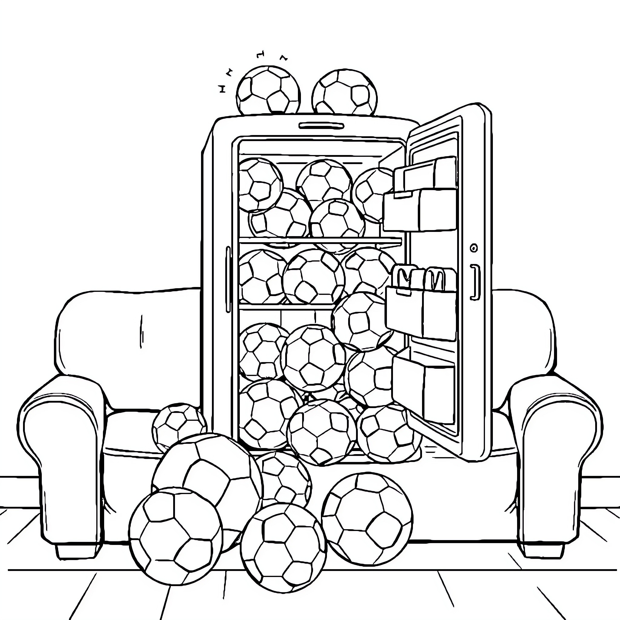 Fridge filled with sports balls Coloring Page (free black-and-white line drawing printable PDF for all, from beginners to advanced learners, including children, teens, adults, and seniors)