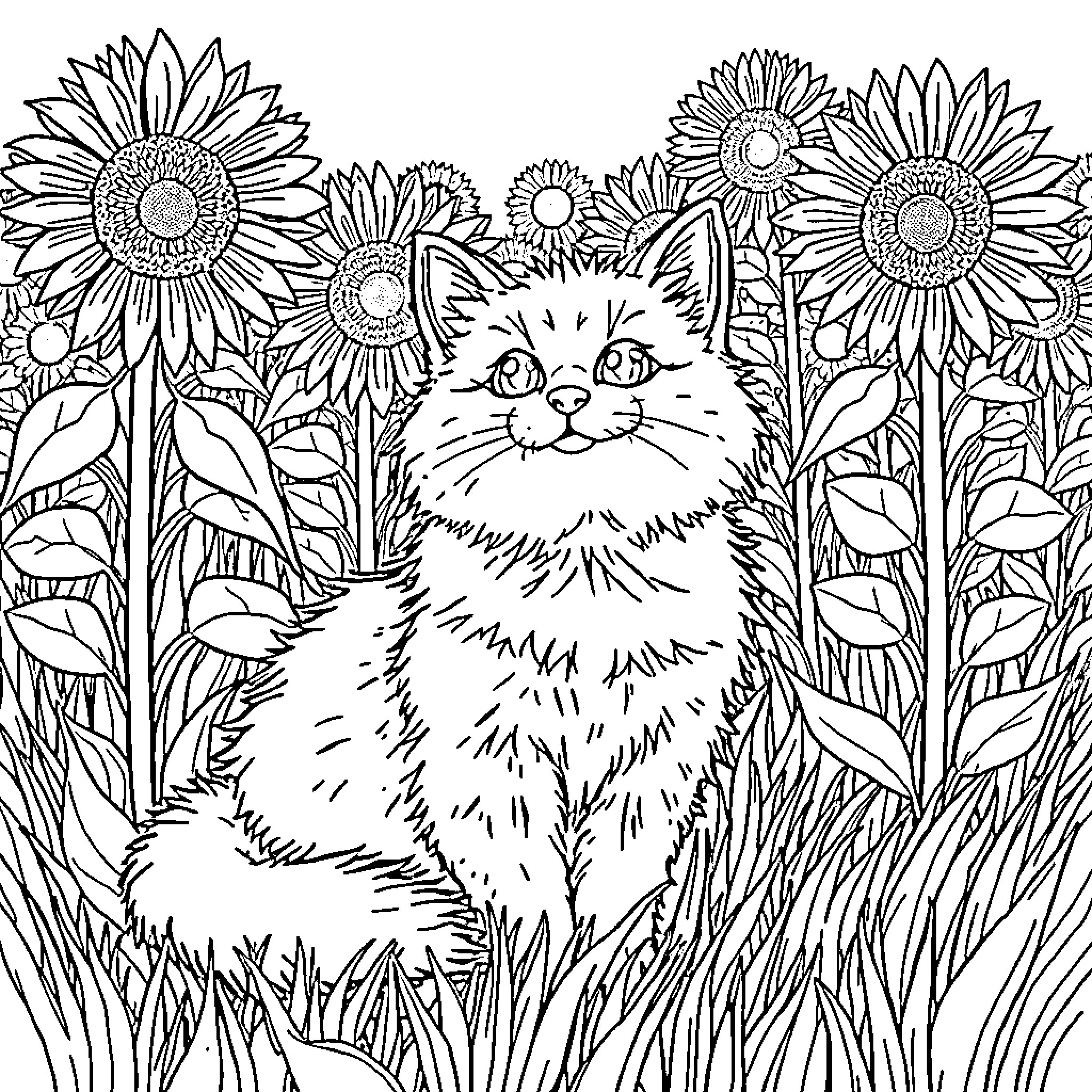 Cat among sunflowers in a field Coloring Page (free black-and-white line drawing printable PDF for all, from beginners to advanced learners, including children, teens, adults, and seniors)