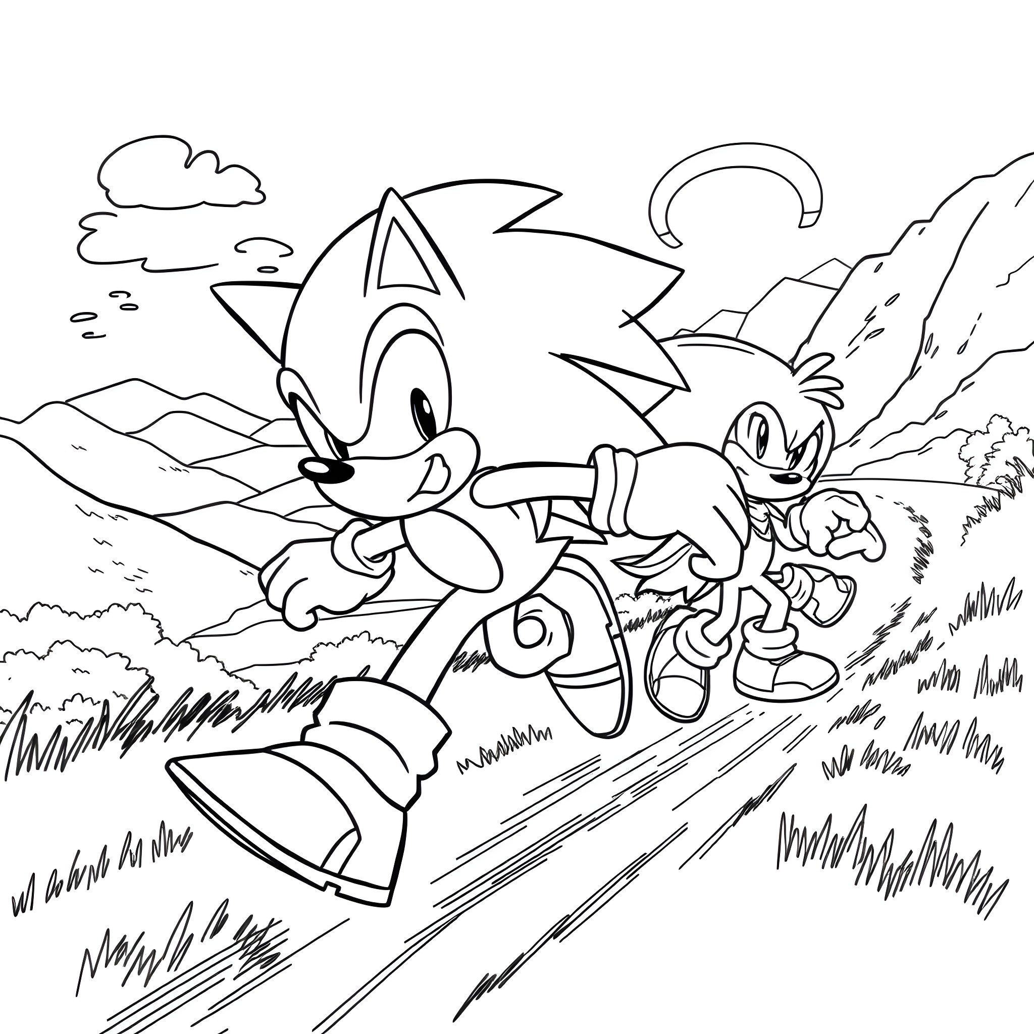 Sonic racing through a scenic landscape Coloring Page (free black-and-white line drawing printable PDF for all, from beginners to advanced learners, including children, teens, adults, and seniors)