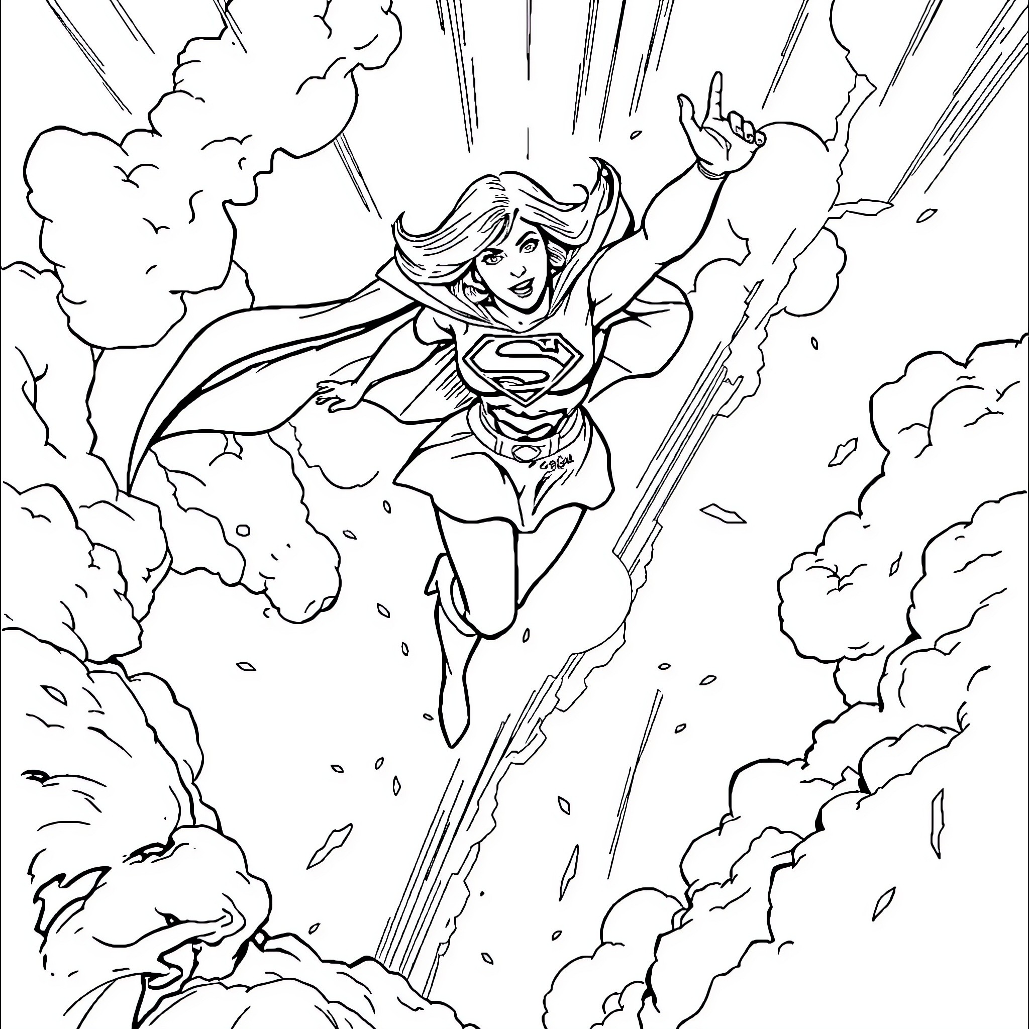 Supergirl heroically soaring through the skies Coloring Page (free black-and-white line drawing printable PDF for all, from beginners to advanced learners, including children, teens, adults, and seniors)