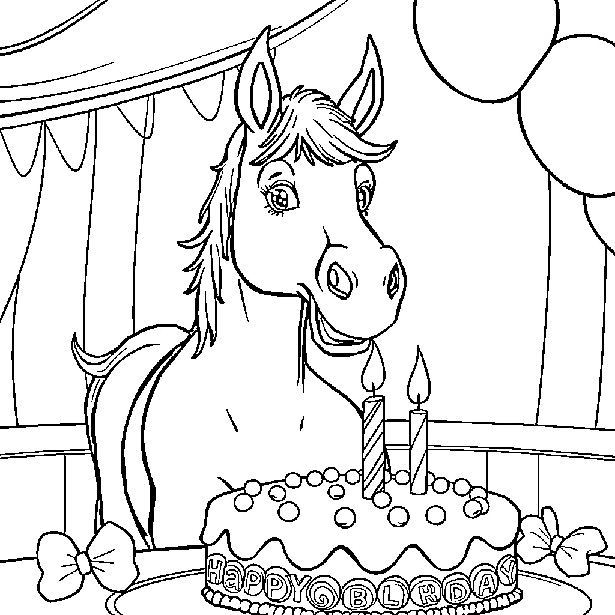 Horse celebrating birthday with cake and decorations Coloring Page (free black-and-white line drawing printable PDF for all, from beginners to advanced learners, including children, teens, adults, and seniors)