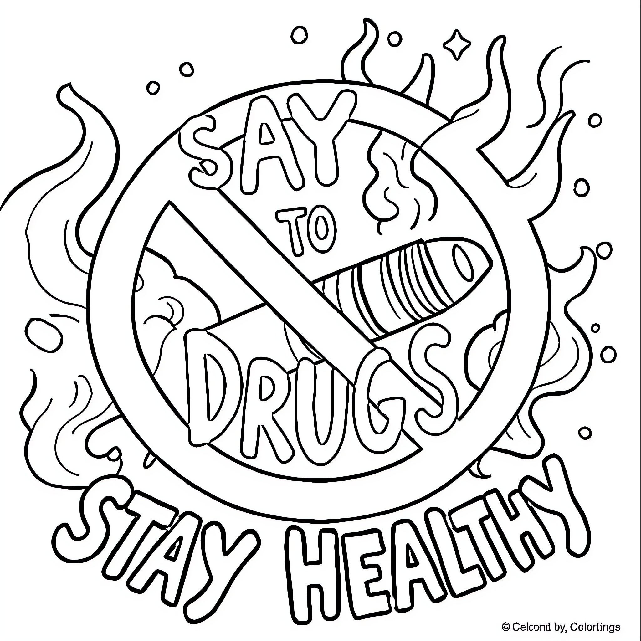 Drug-Free Lifestyle Encouragement Coloring Page (free black-and-white line drawing printable PDF for all, from beginners to advanced learners, including children, teens, adults, and seniors)