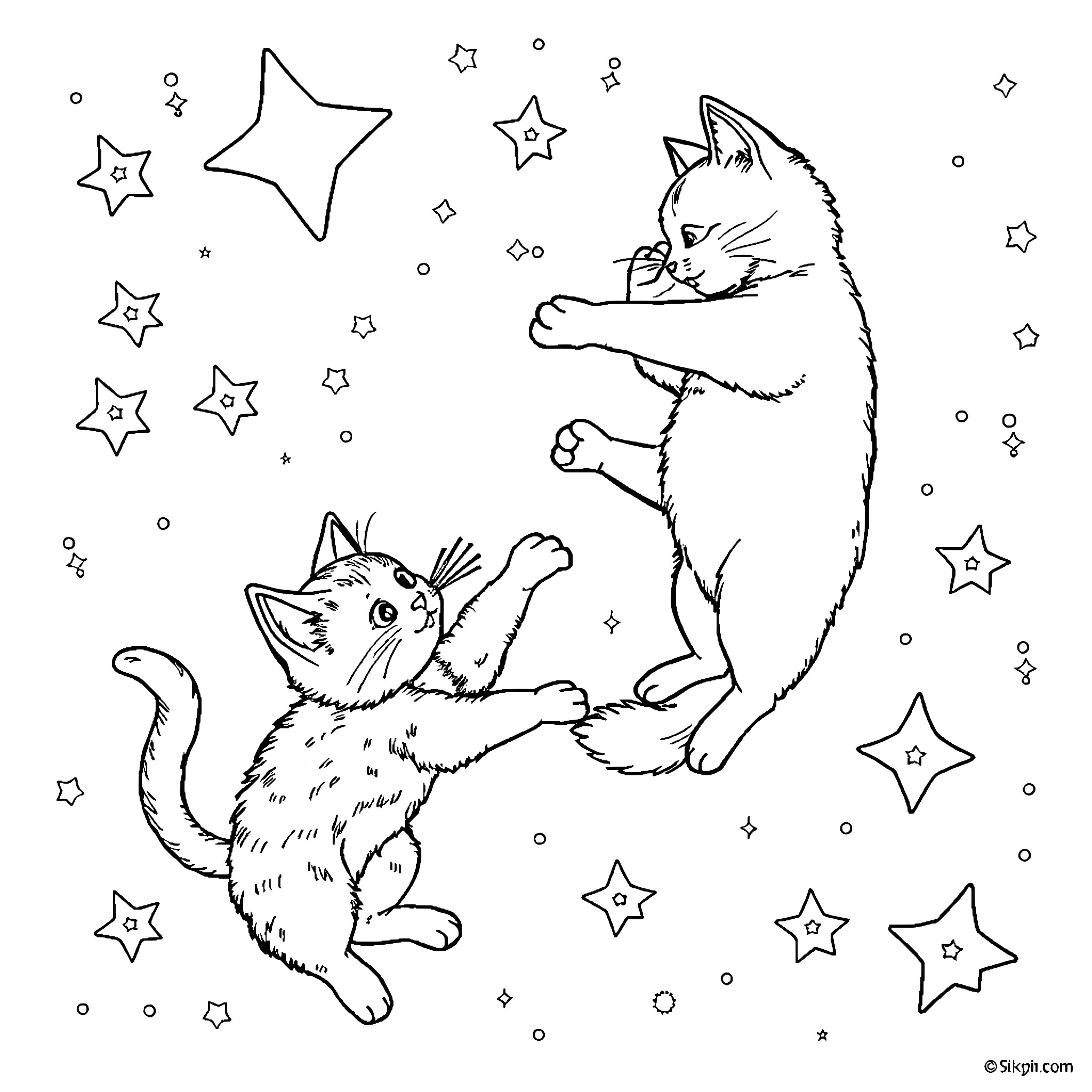 Cats Playing Playfully Amid Starry Night Coloring Page (free black-and-white line drawing printable PDF for all, from beginners to advanced learners, including children, teens, adults, and seniors)