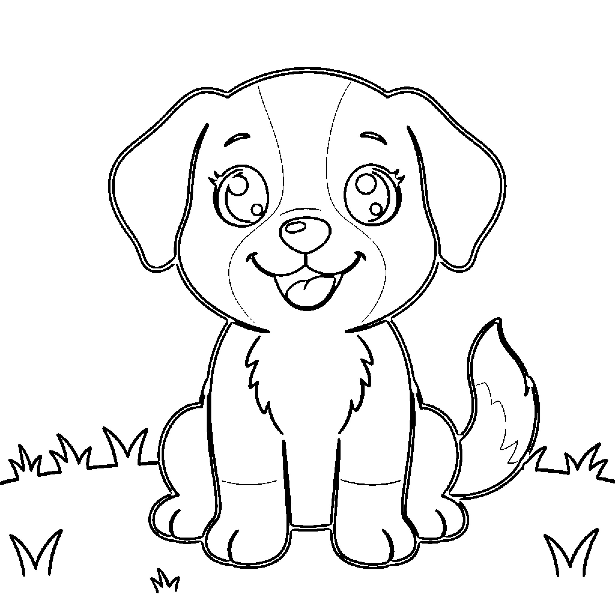 Dog smiling happily in the grass Coloring Page (free black-and-white line drawing printable PDF for all, from beginners to advanced learners, including children, teens, adults, and seniors)