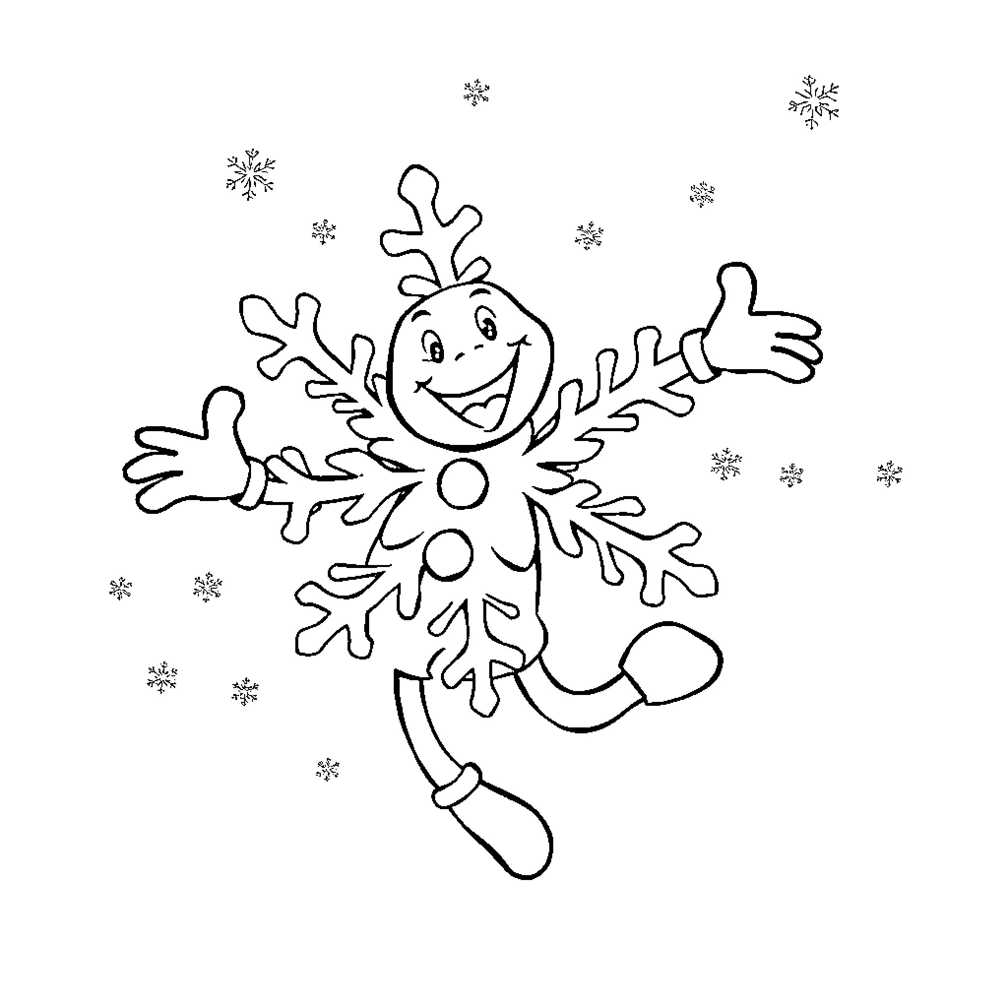 Snowflake character dancing with joy Coloring Page (free black-and-white line drawing printable PDF for all, from beginners to advanced learners, including children, teens, adults, and seniors)