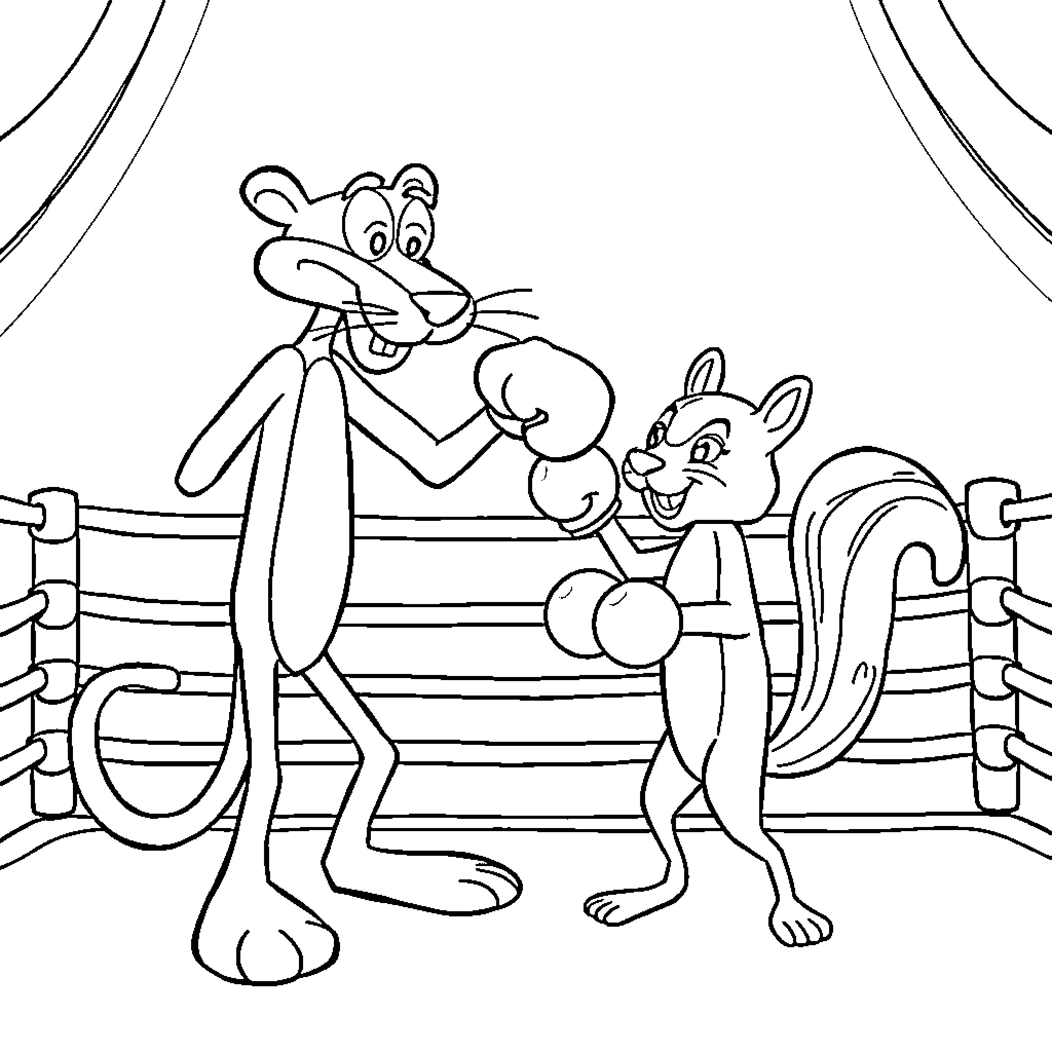 Pink Panther and friends in a boxing ring Coloring Page (free black-and-white line drawing printable PDF for all, from beginners to advanced learners, including children, teens, adults, and seniors)