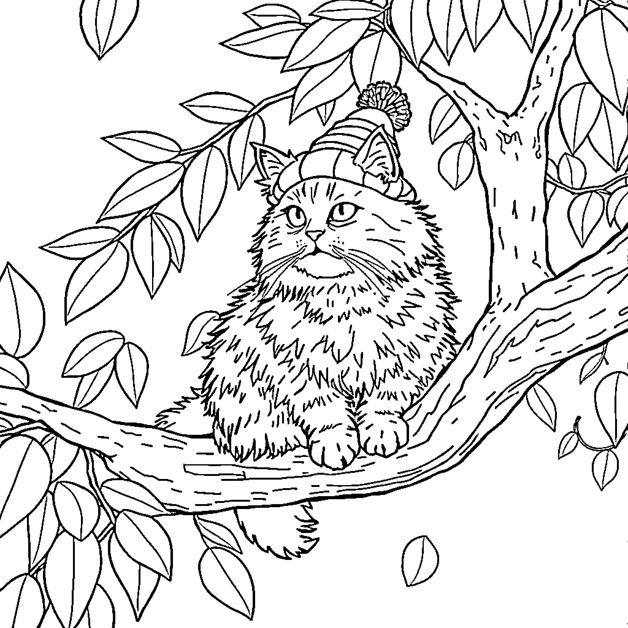 Cat relaxing in the forest Coloring Page (free black-and-white line drawing printable PDF for all, from beginners to advanced learners, including children, teens, adults, and seniors)