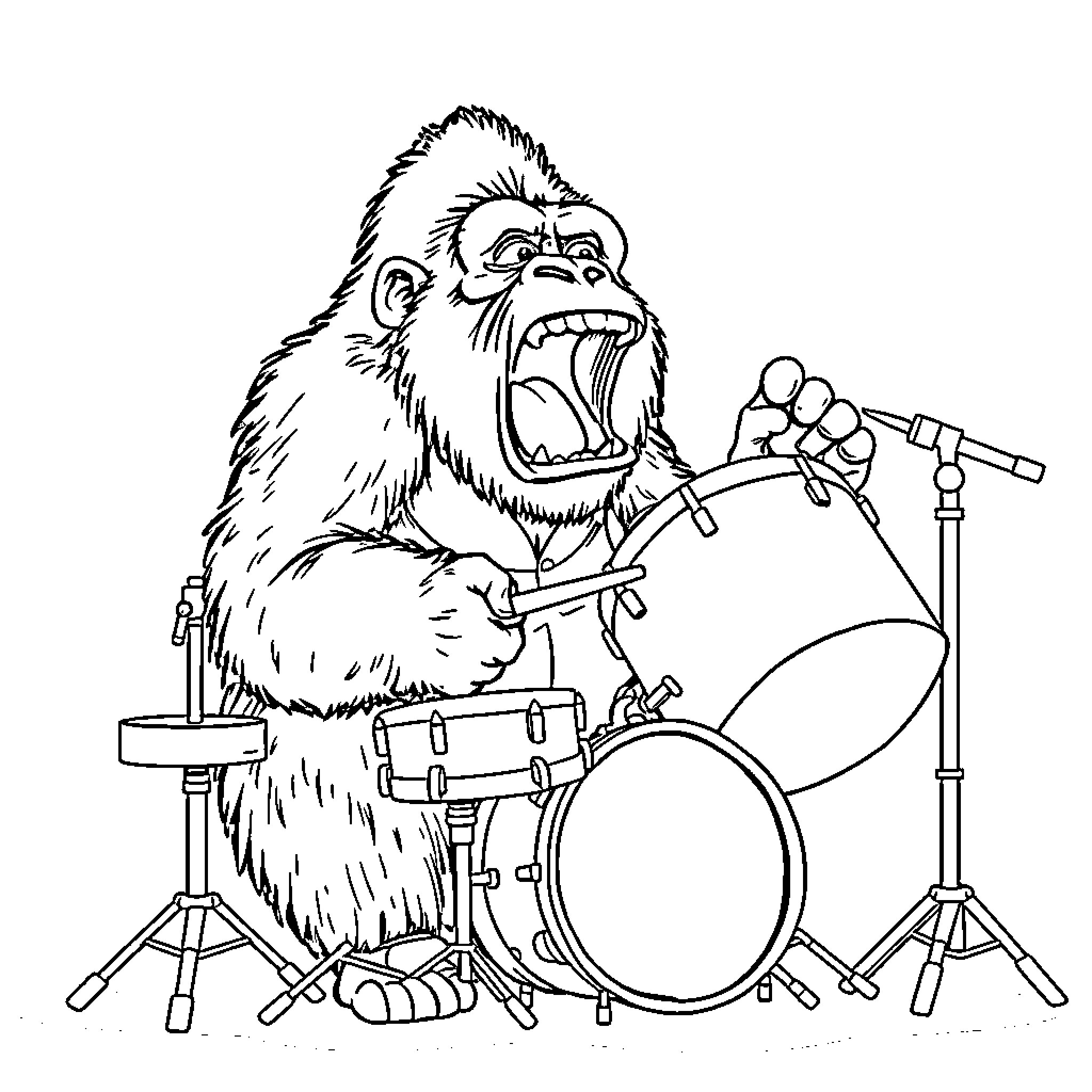 Gorilla drummer playing drums enthusiastically Coloring Page (free black-and-white line drawing printable PDF for all, from beginners to advanced learners, including children, teens, adults, and seniors)