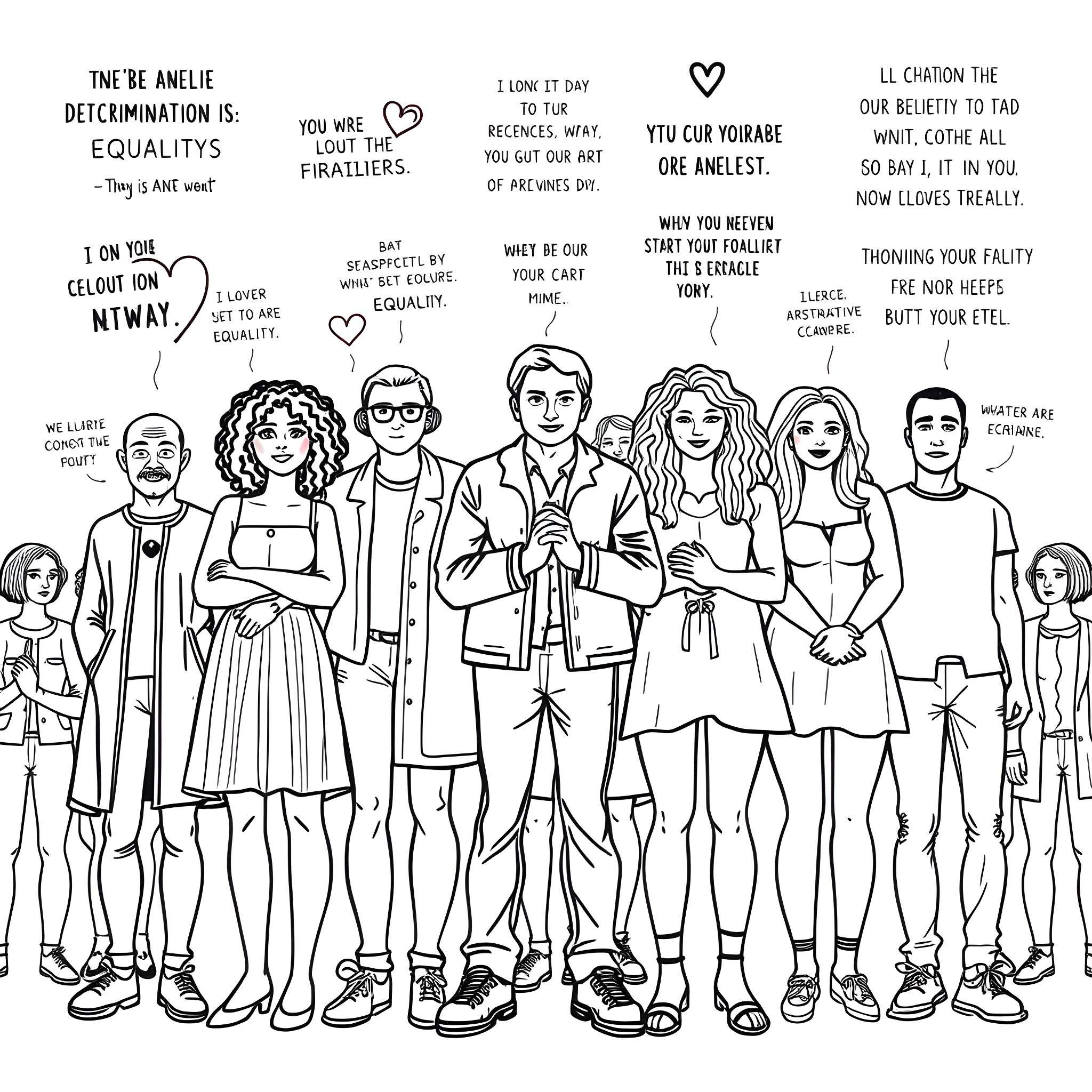 Anti Discrimination Advocates United in Solidarity Coloring Page (free black-and-white line drawing printable PDF for all, from beginners to advanced learners, including children, teens, adults, and seniors)