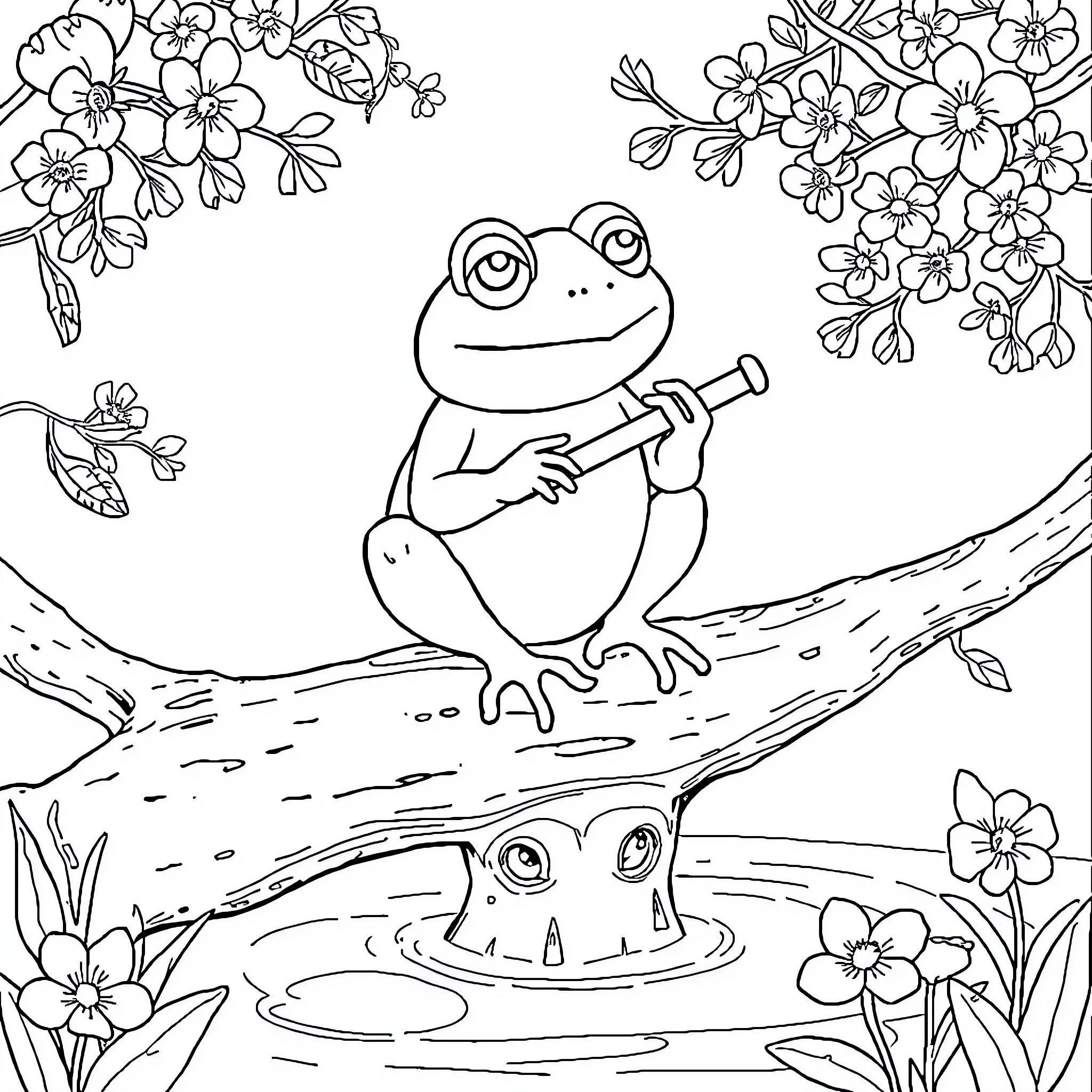 Frog sitting on a branch with flowers Coloring Page (free black-and-white line drawing printable PDF for all, from beginners to advanced learners, including children, teens, adults, and seniors)